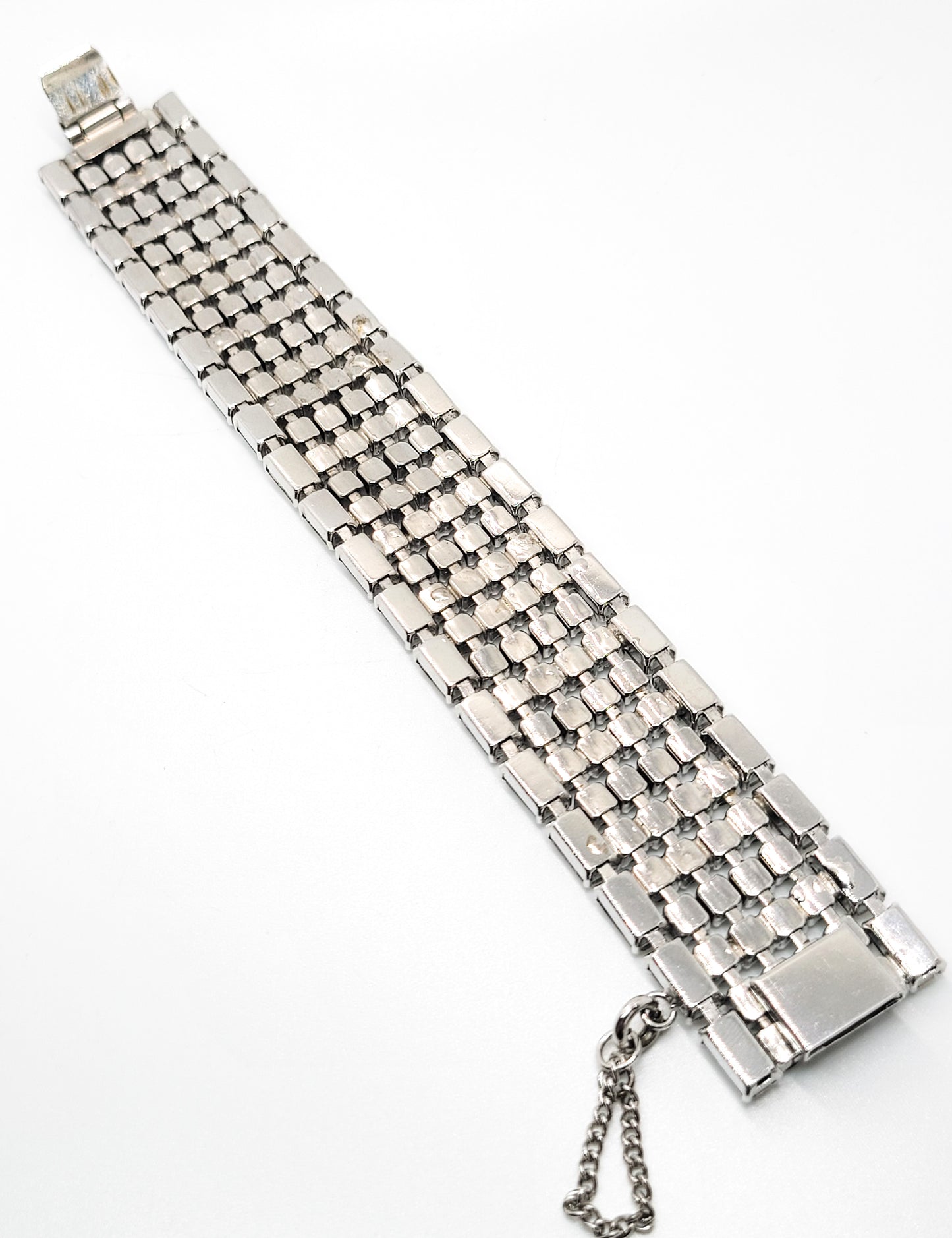 Large 6 row clear rhinestone mid century vintage cuff statement bracelet