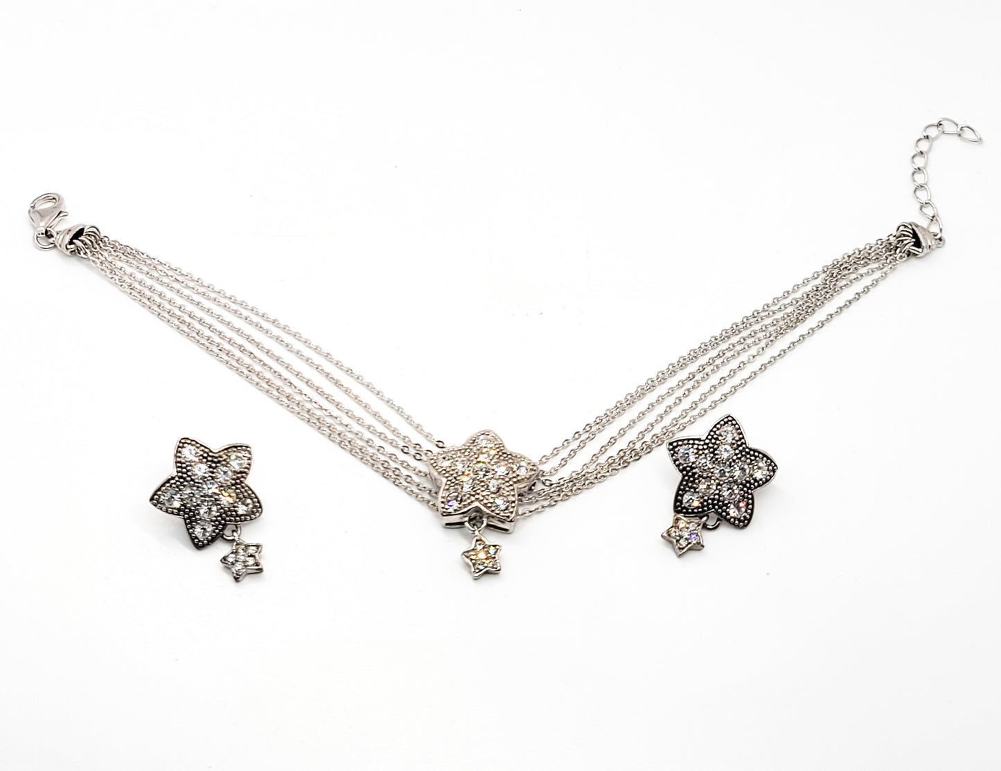 Dancing Star Pave rhinestone sterling silver multi strand bracelet and earrings demi set