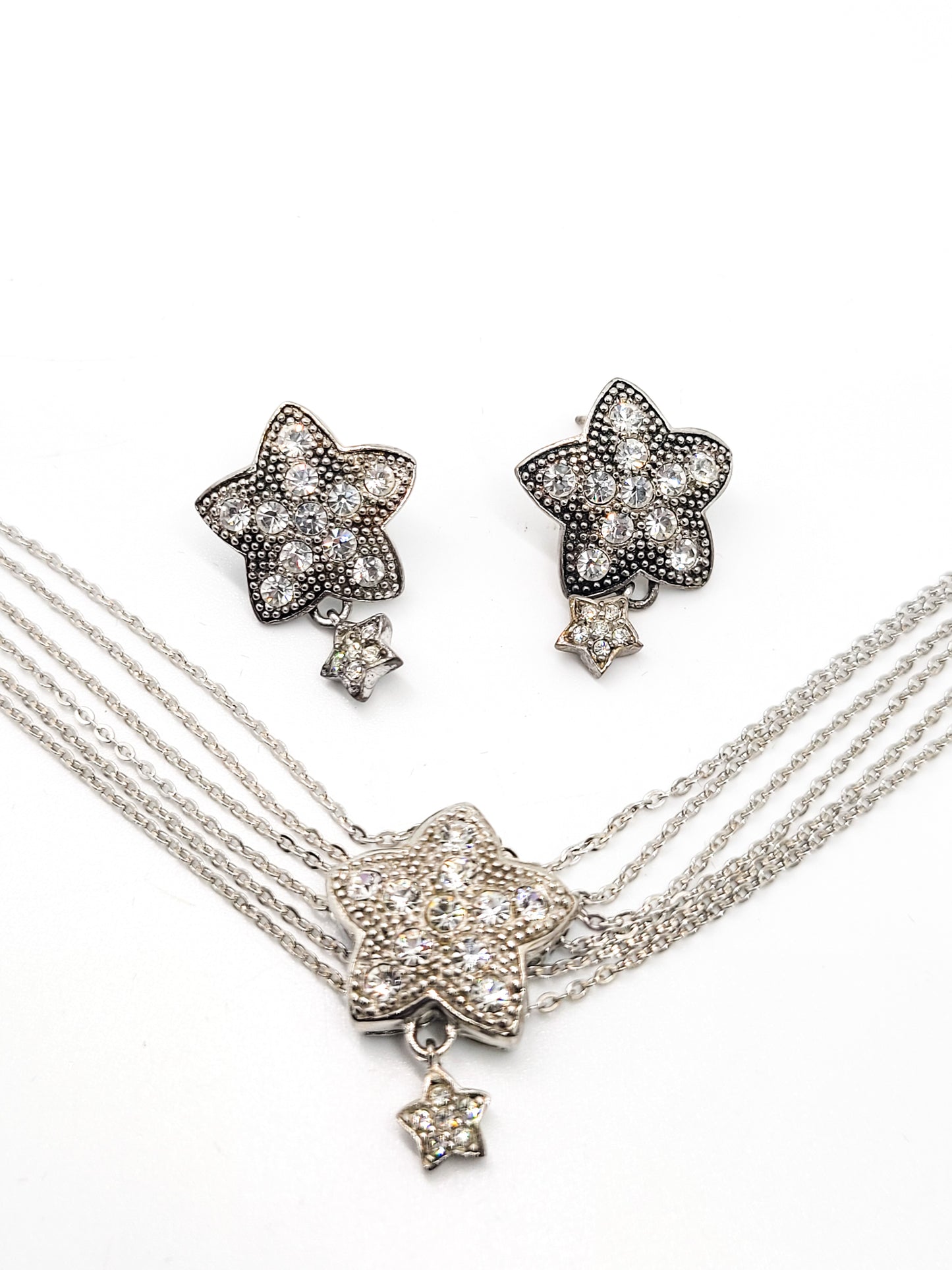 Dancing Star Pave rhinestone sterling silver multi strand bracelet and earrings demi set