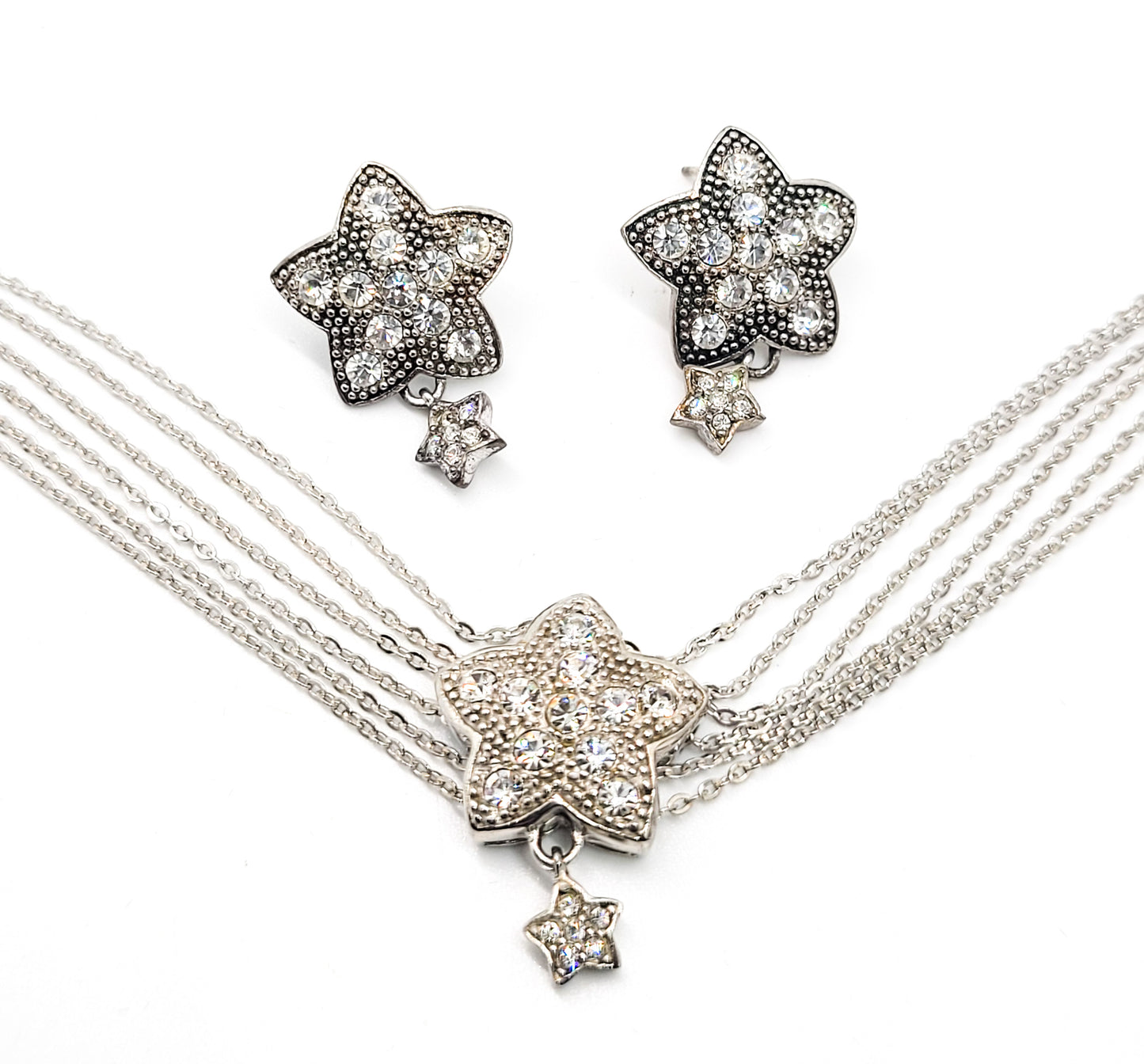 Dancing Star Pave rhinestone sterling silver multi strand bracelet and earrings demi set