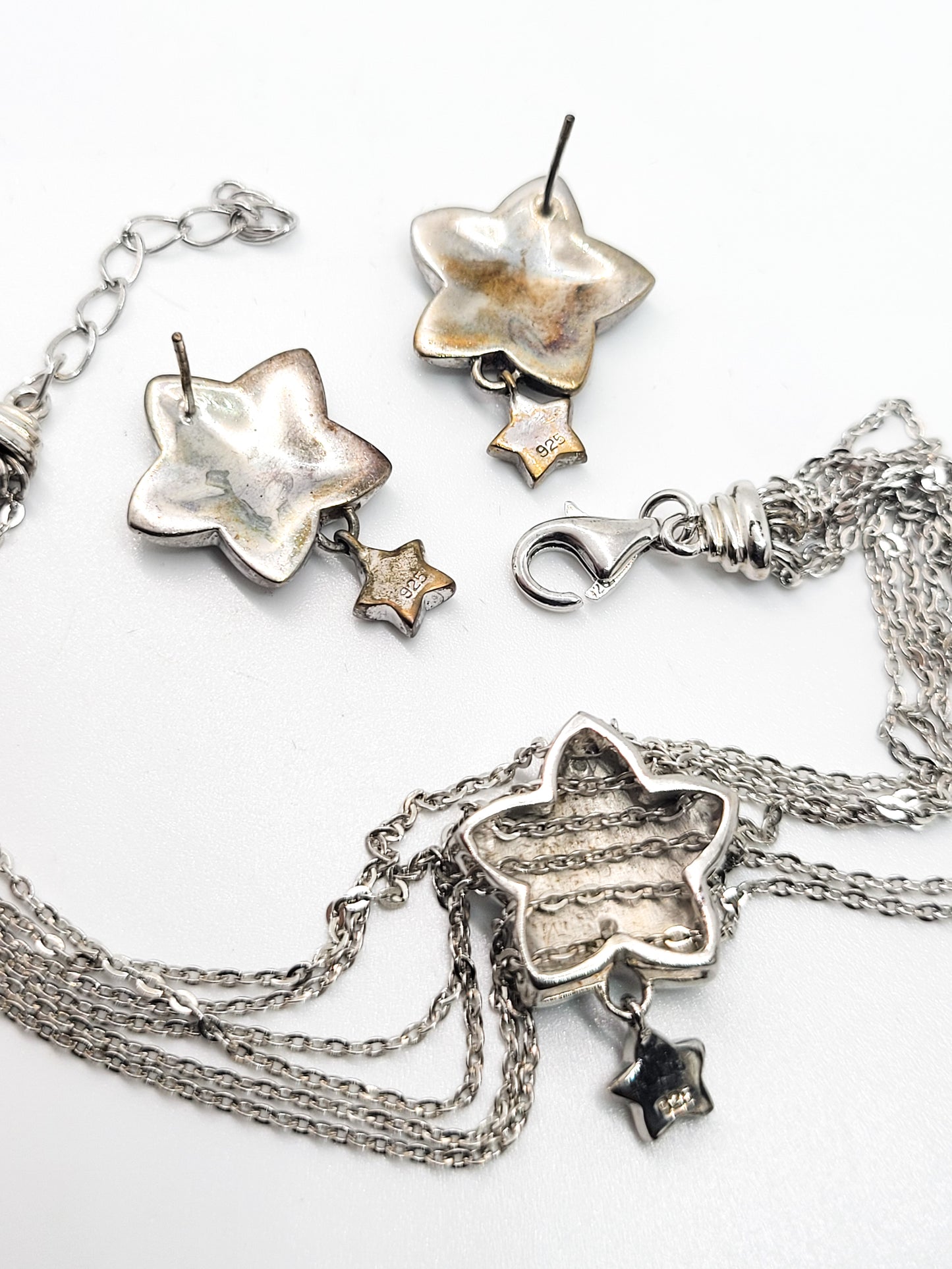 Dancing Star Pave rhinestone sterling silver multi strand bracelet and earrings demi set