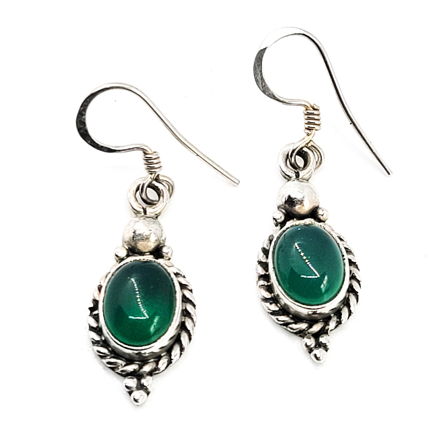 Green Chalcedony Balinese tribal sterling silver drop earrings