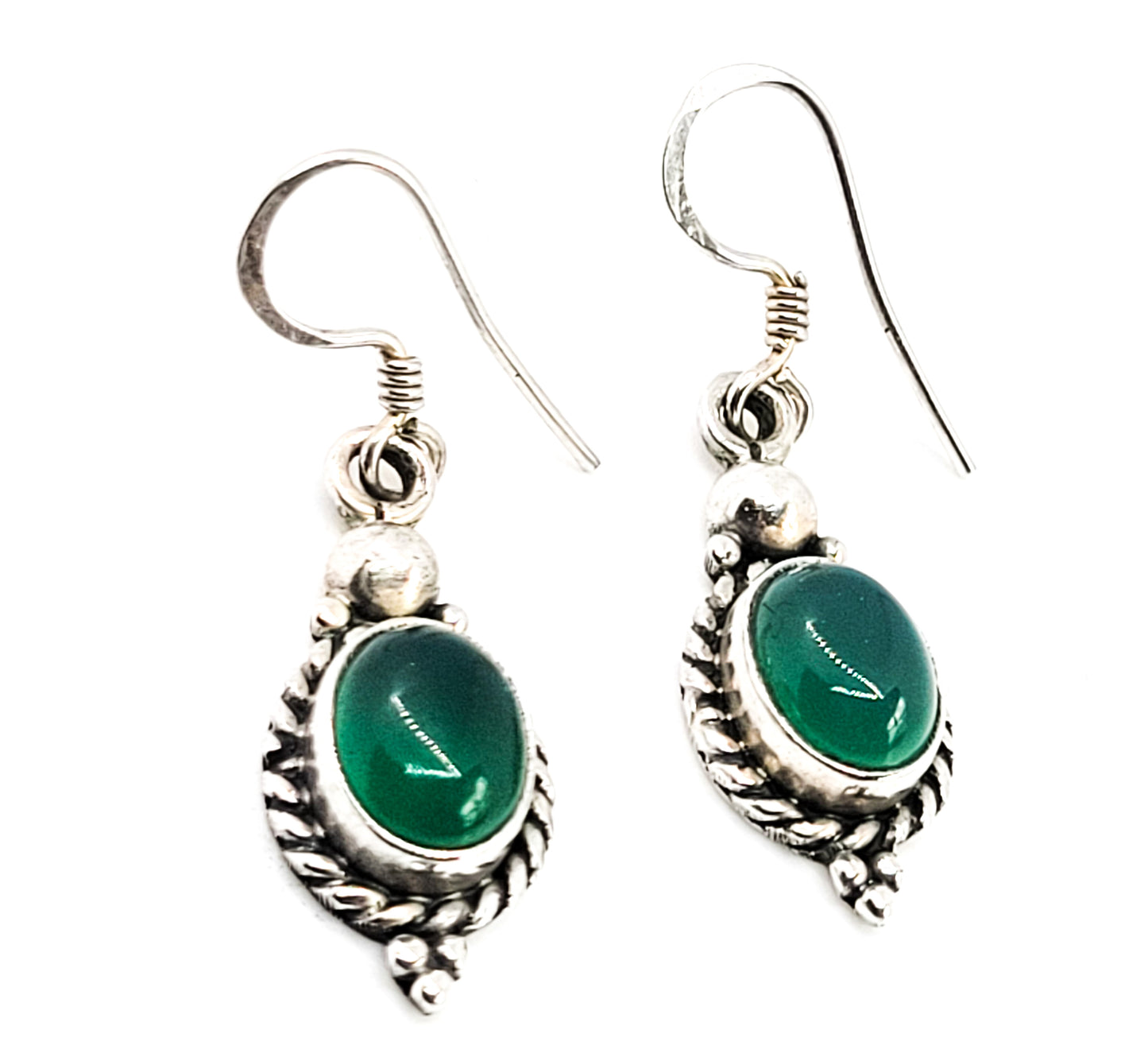 Green Chalcedony Balinese tribal sterling silver drop earrings