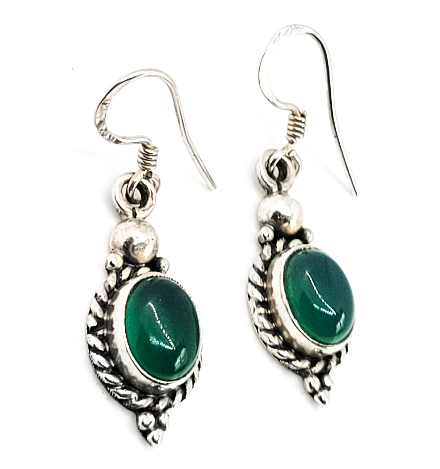 Green Chalcedony Balinese tribal sterling silver drop earrings