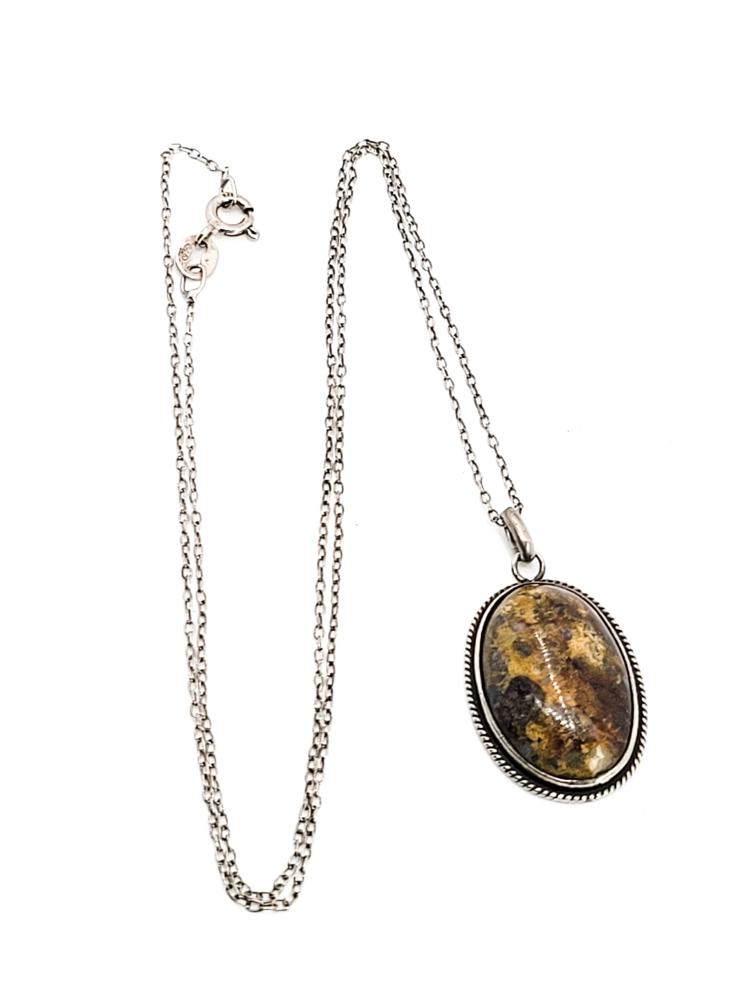 Plume agate sterling silver twisted rope vintage pendant necklace
