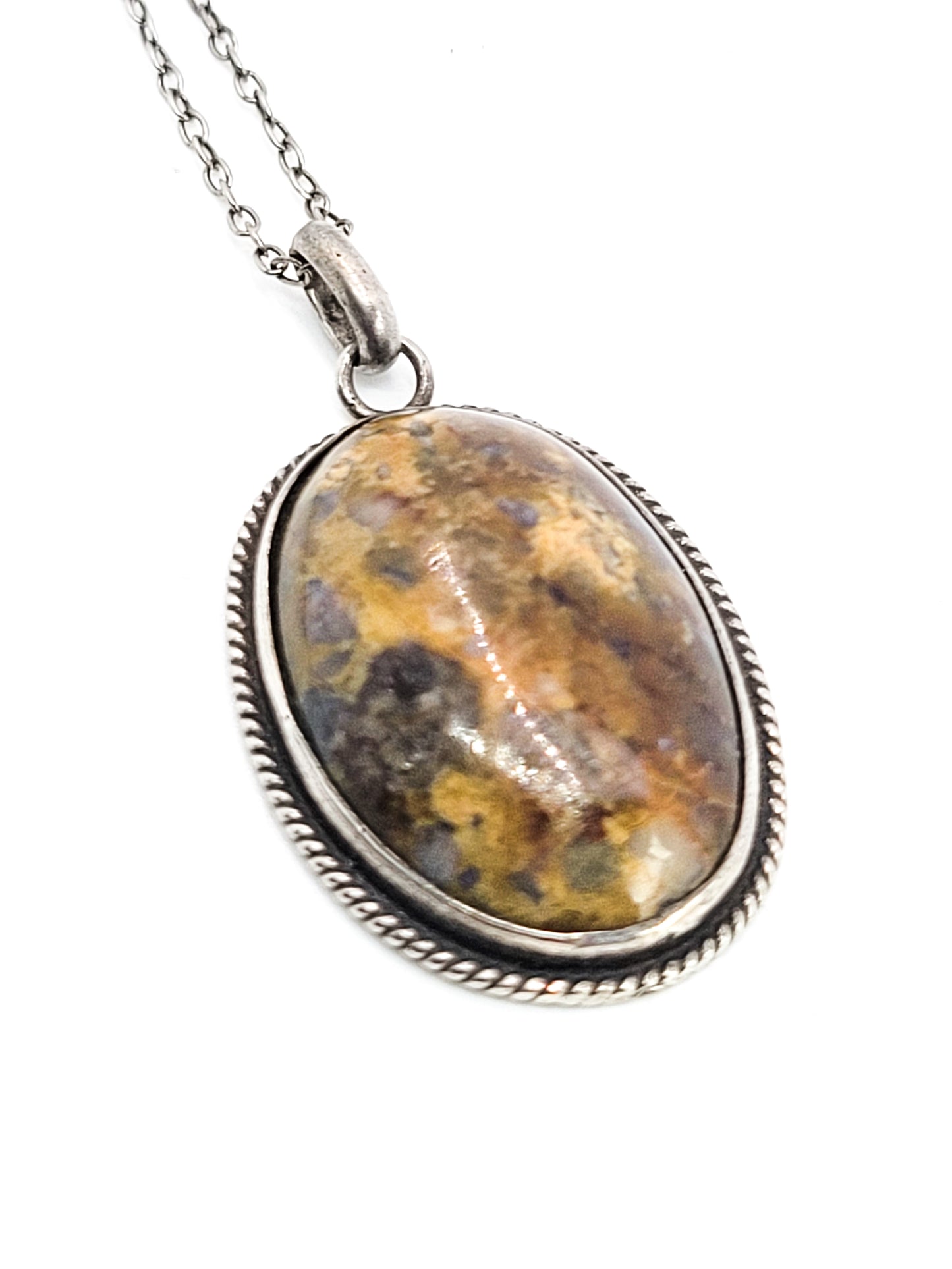 Plume agate sterling silver twisted rope vintage pendant necklace