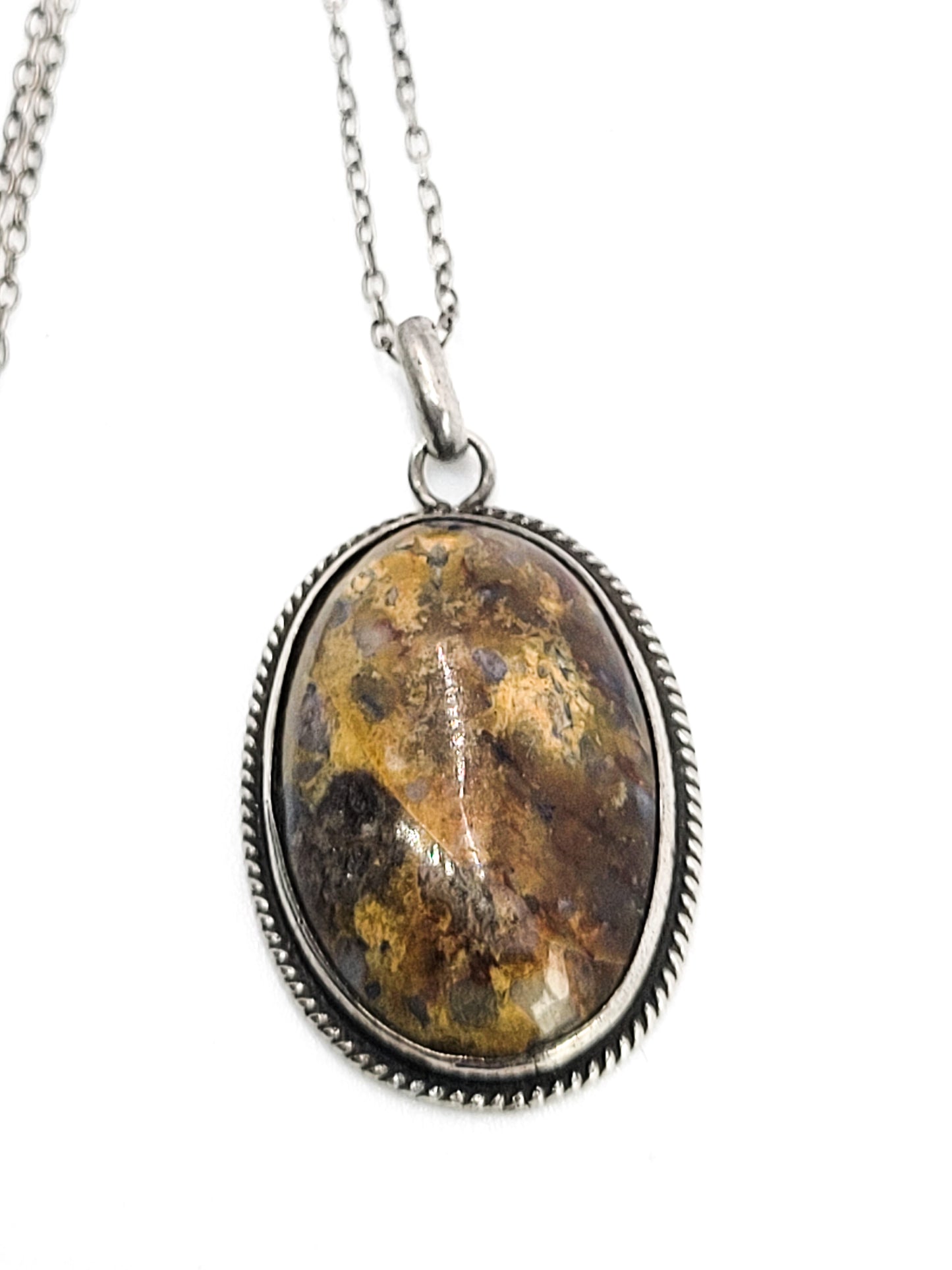Plume agate sterling silver twisted rope vintage pendant necklace