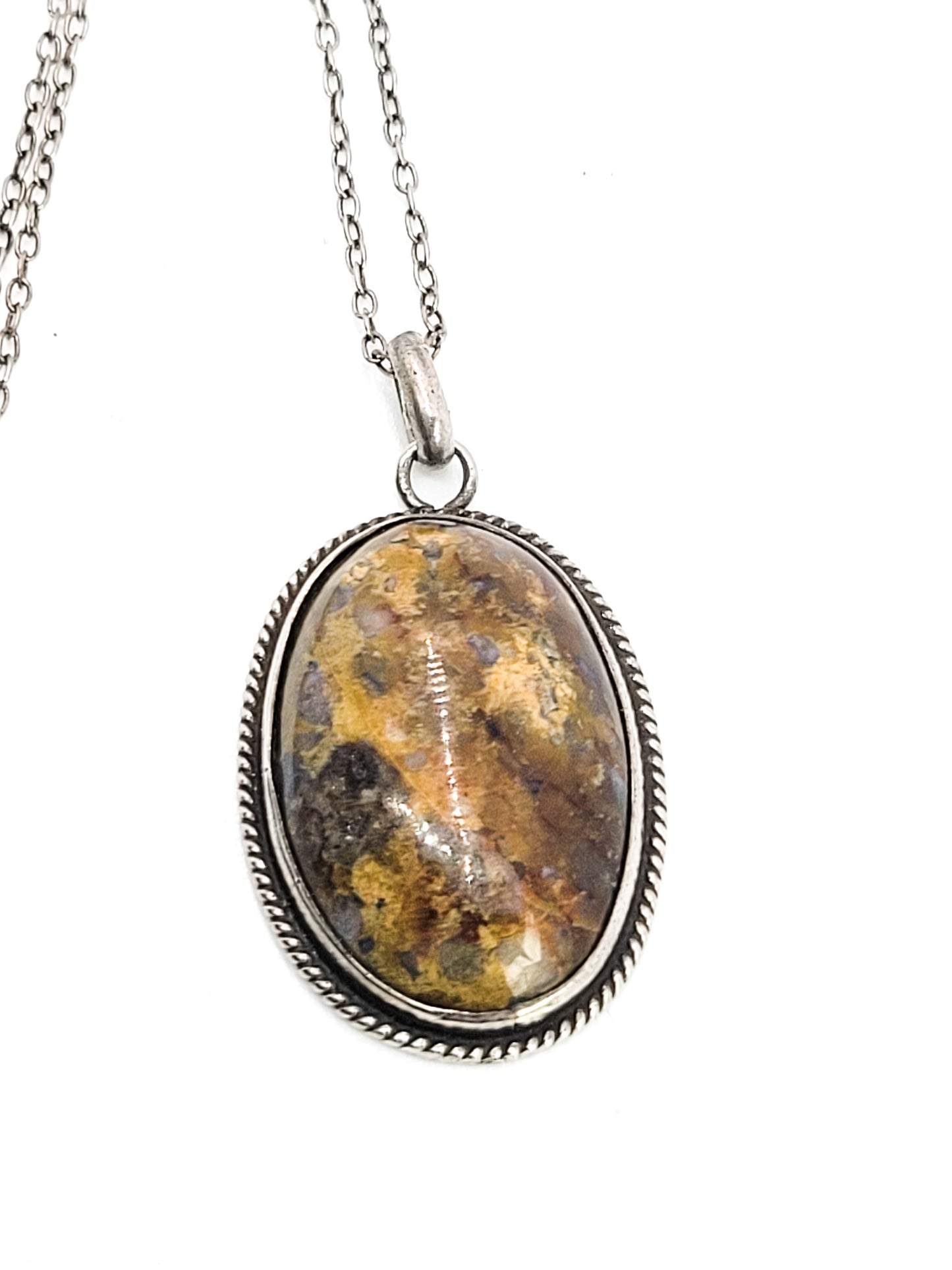 Plume agate sterling silver twisted rope vintage pendant necklace