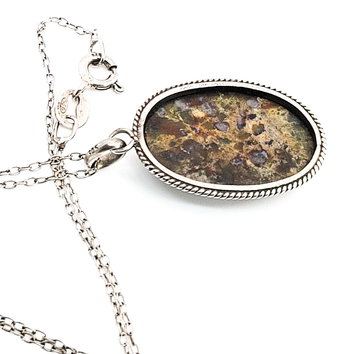 Plume agate sterling silver twisted rope vintage pendant necklace