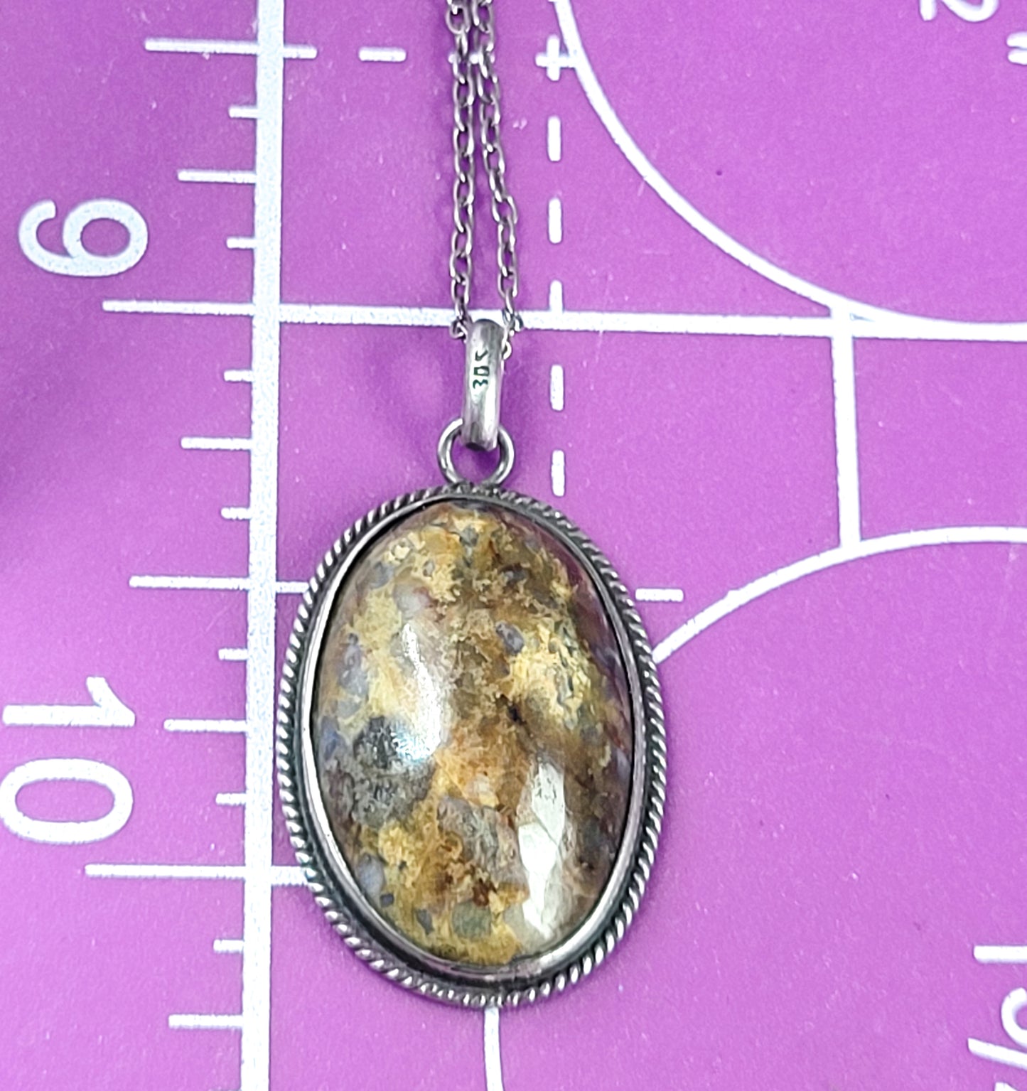 Plume agate sterling silver twisted rope vintage pendant necklace