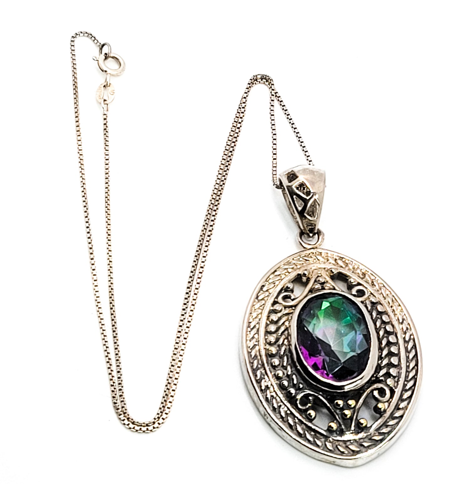 Mystic Topaz sterling silver plated open work tribal Balinese pendant necklace
