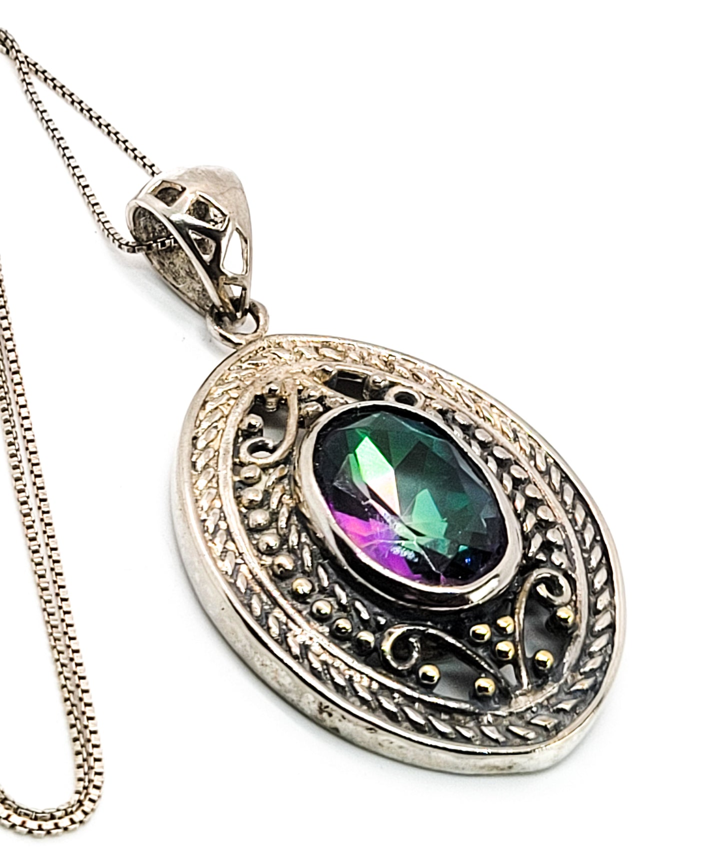 Mystic Topaz sterling silver plated open work tribal Balinese pendant necklace