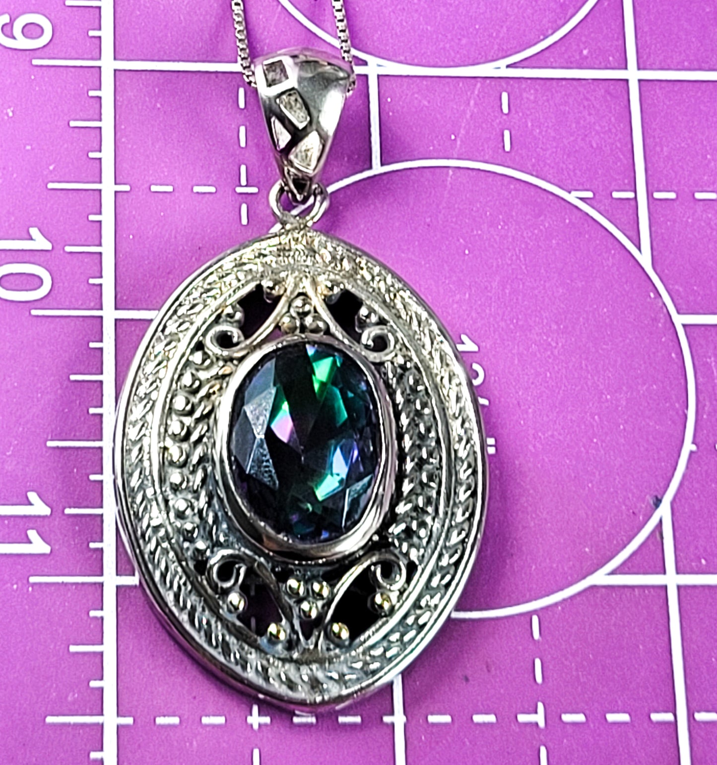 Mystic Topaz sterling silver plated open work tribal Balinese pendant necklace