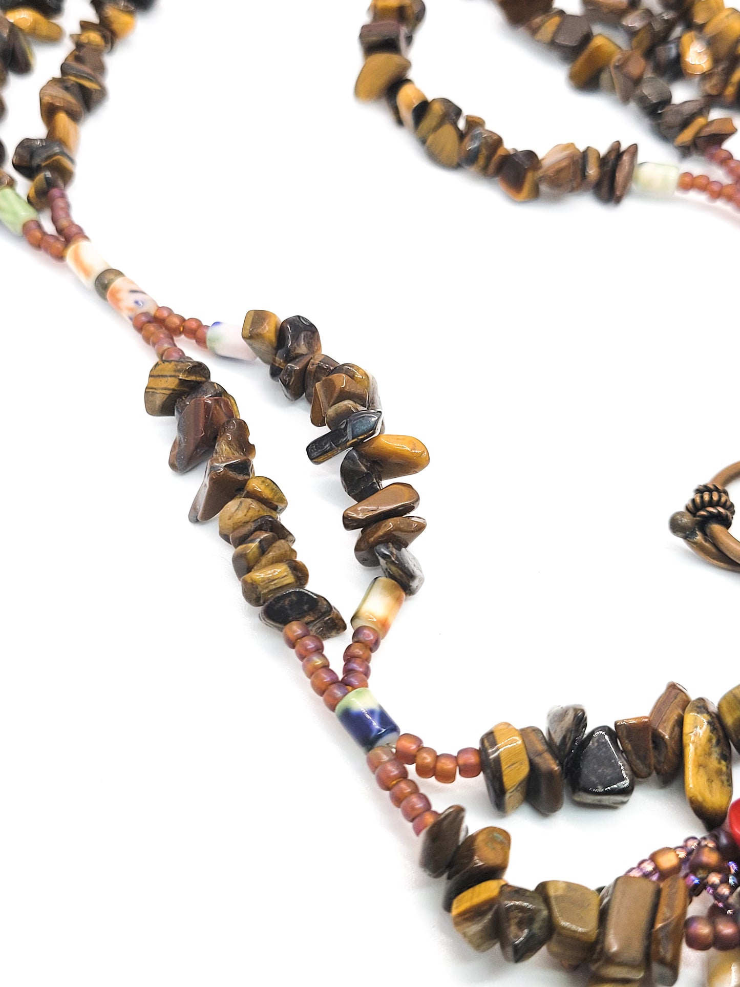 Artisan Tiger's eye scalloped heishe beaded Ammonite shell fetish style necklace