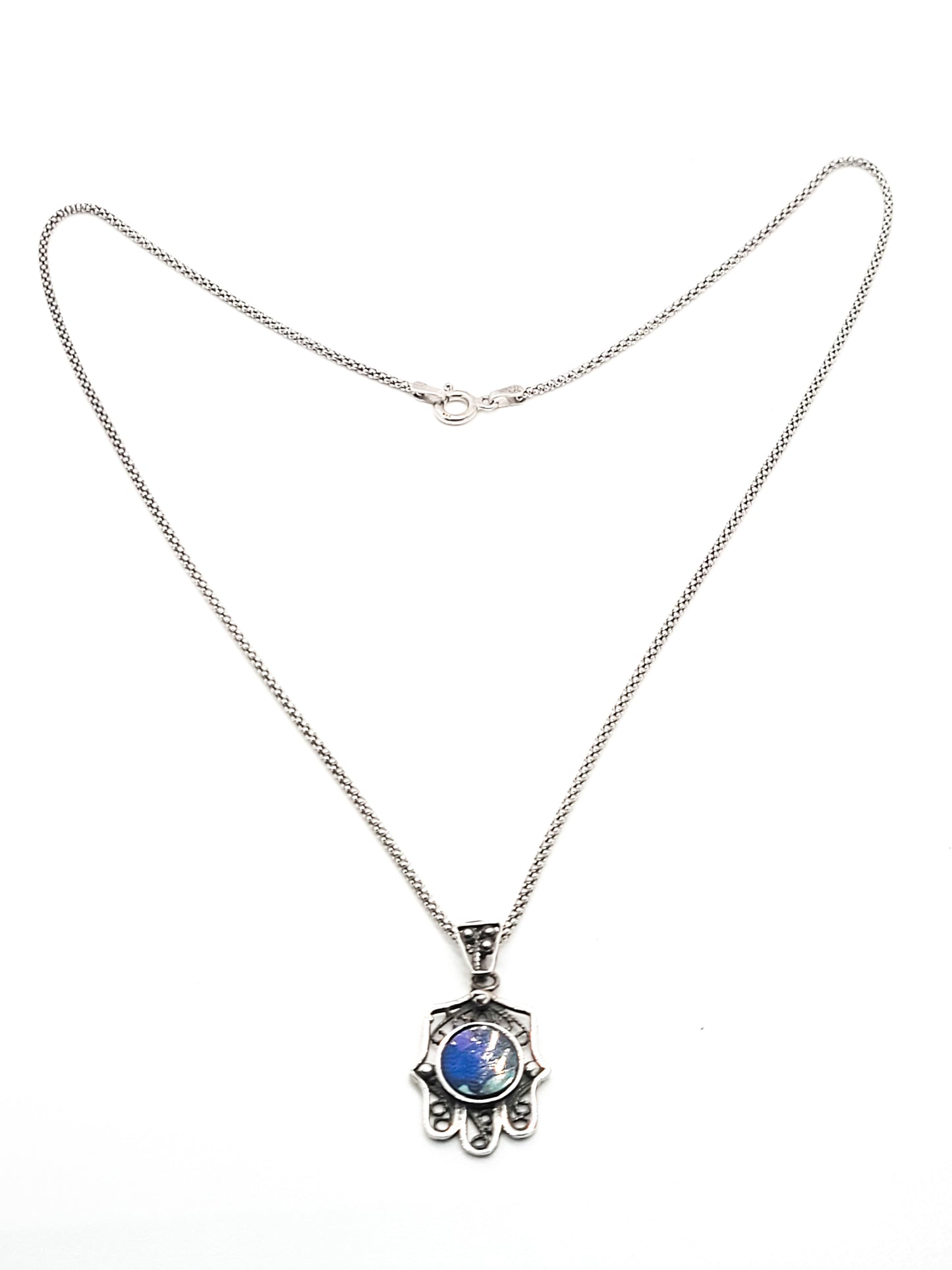 Hamsa sterling silver Balinese tribal open work blue green gemstone necklace