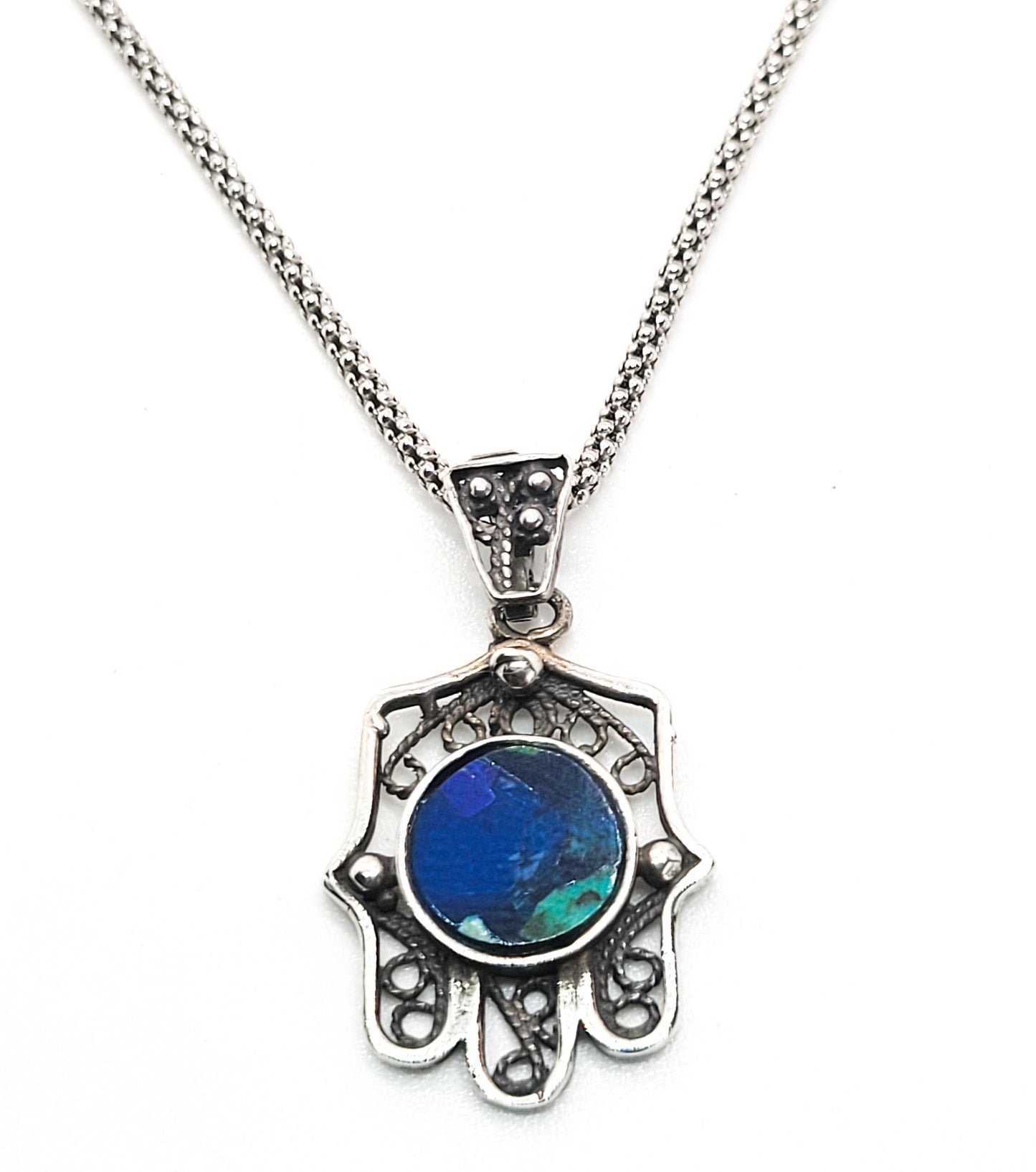 Hamsa sterling silver Balinese tribal open work blue green gemstone necklace