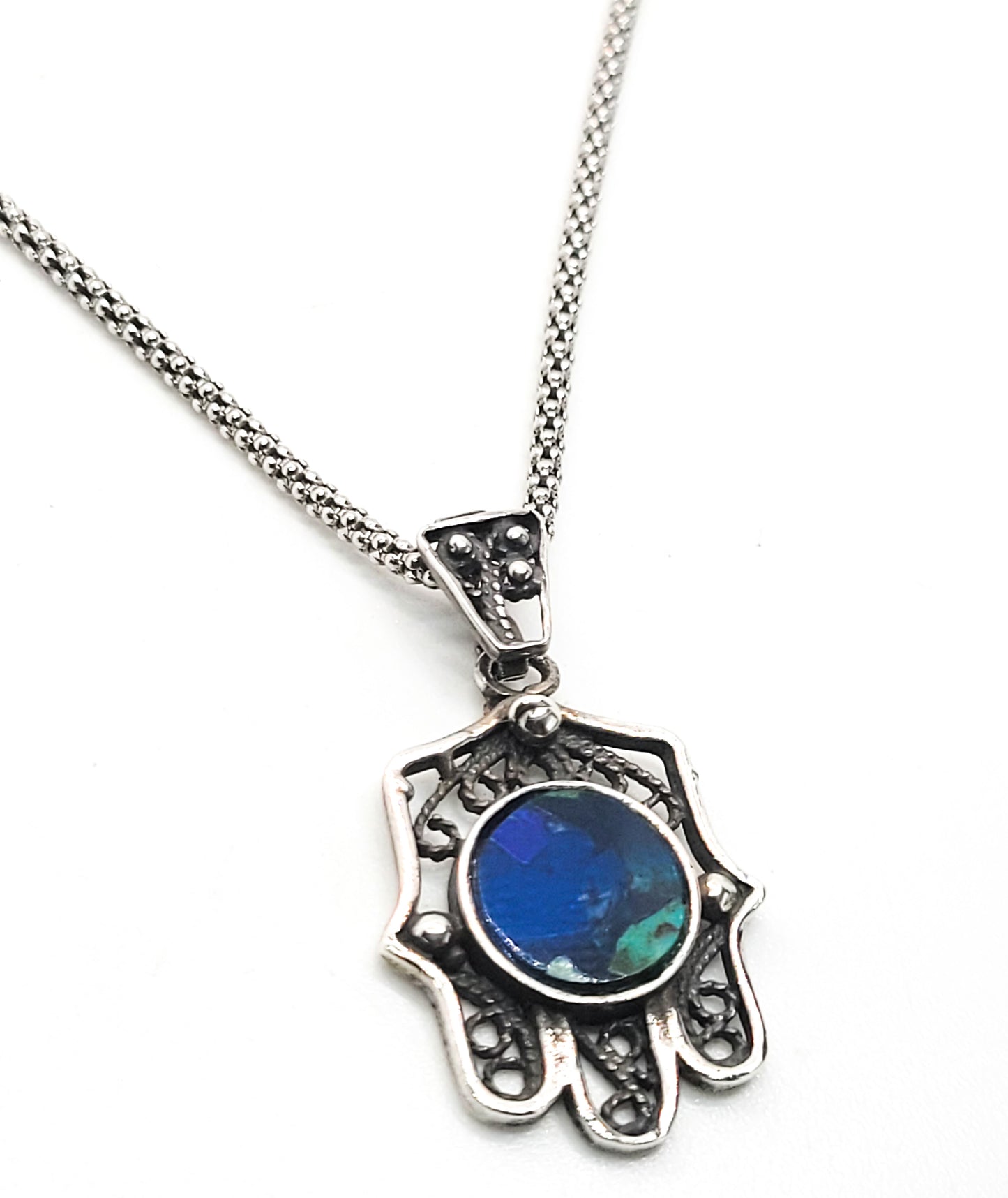 Hamsa sterling silver Balinese tribal open work blue green gemstone necklace