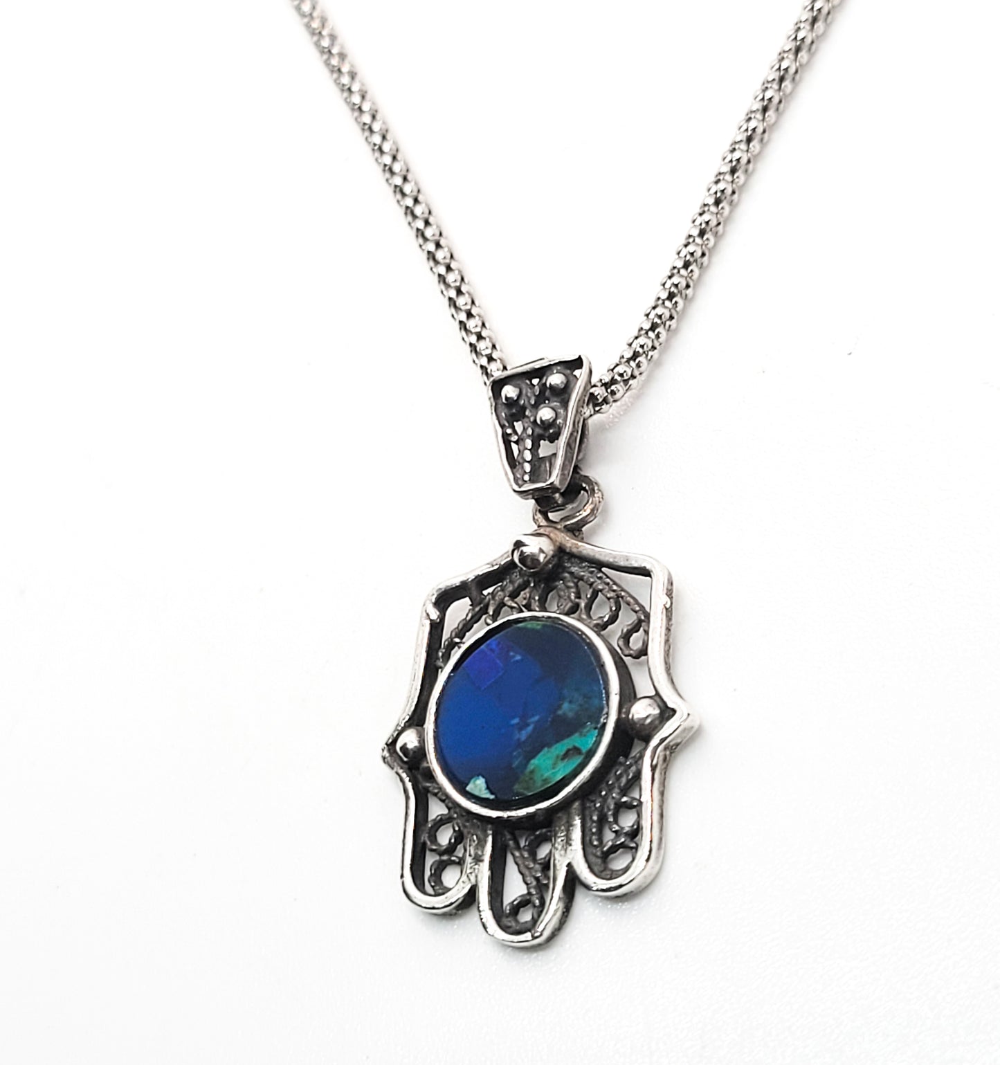 Hamsa sterling silver Balinese tribal open work blue green gemstone necklace