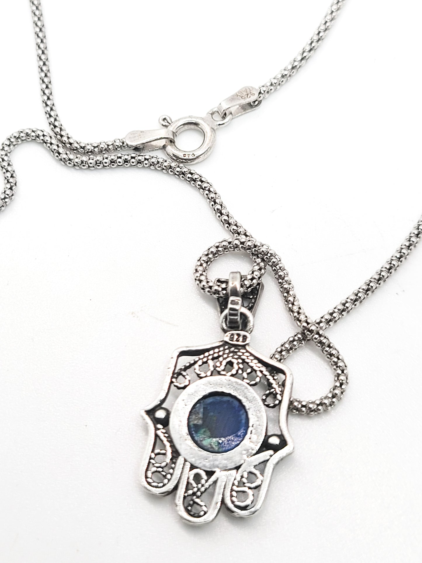 Hamsa sterling silver Balinese tribal open work blue green gemstone necklace