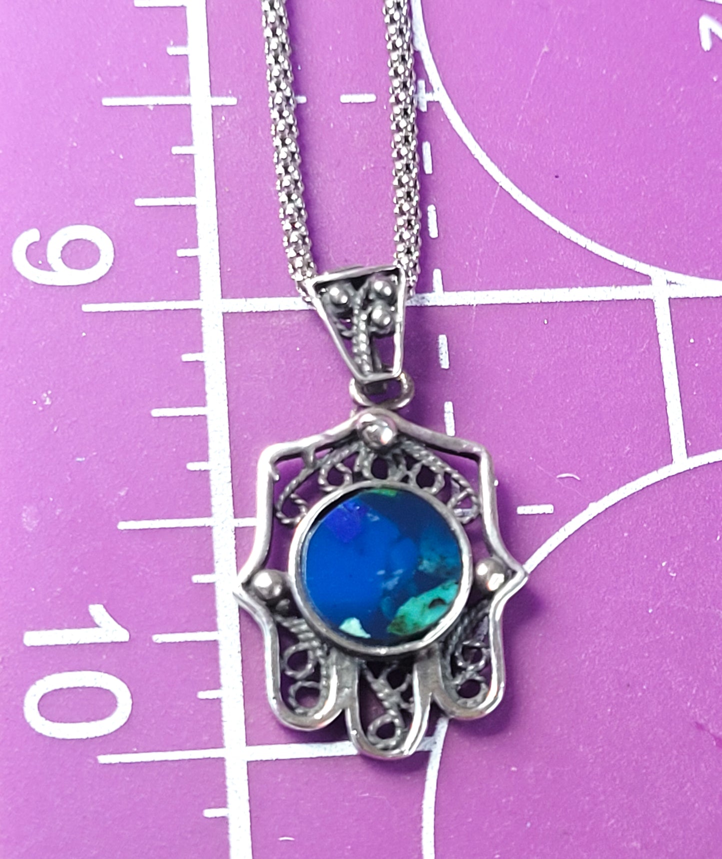 Hamsa sterling silver Balinese tribal open work blue green gemstone necklace