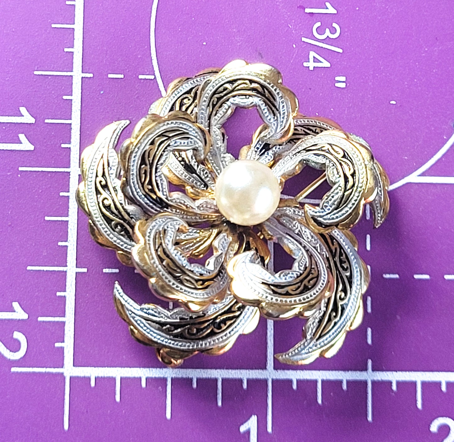 Spanish Damascene enamel large 3D flower faux pearl vintage brooch
