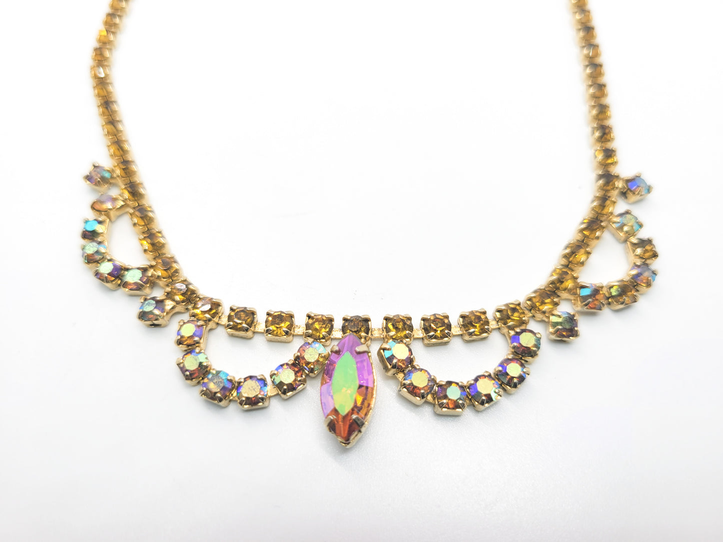 Warm Topaz autumn fall Aurora Borealis rhinestone vintage collar necklace mid century