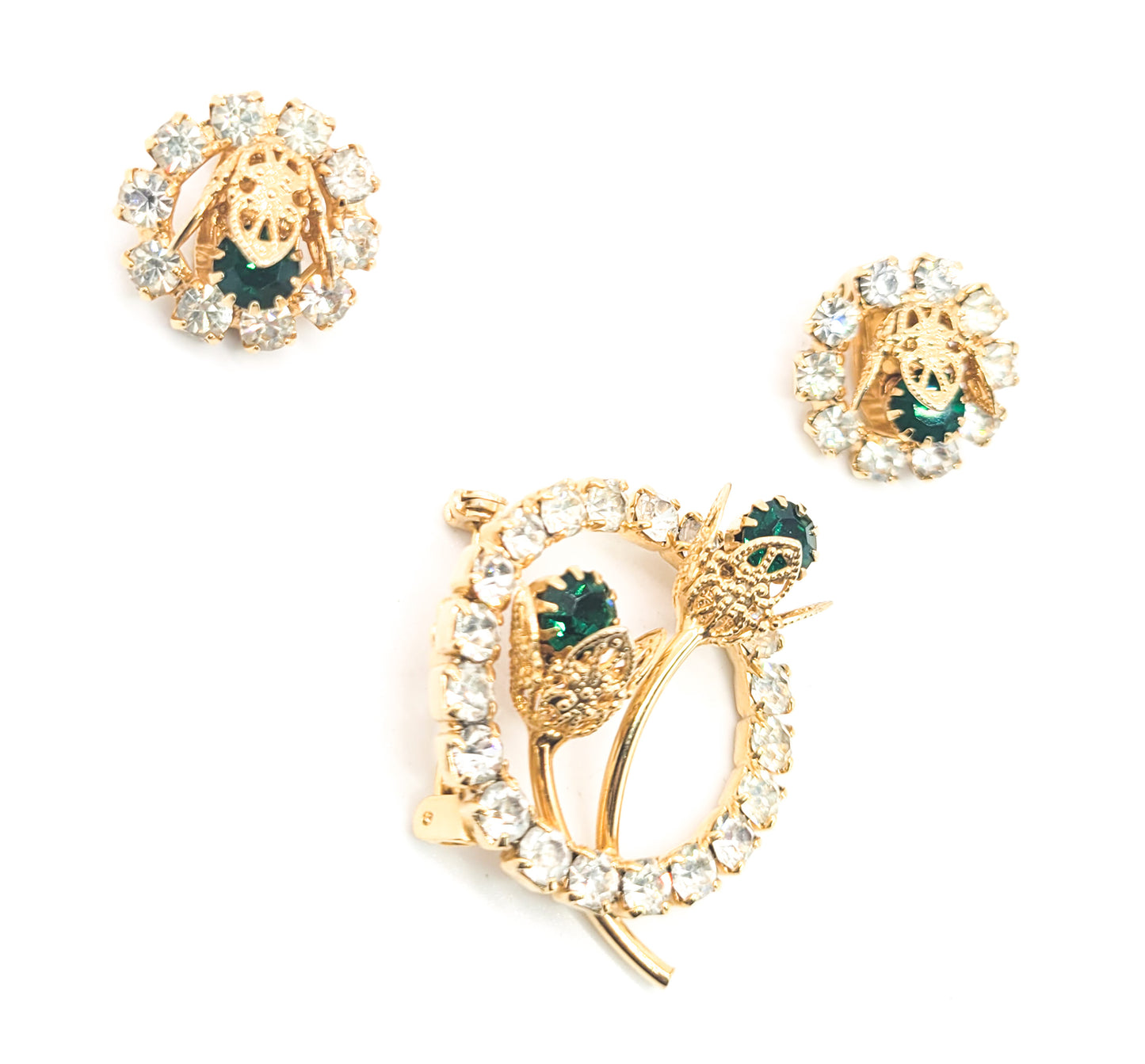 Bright green gold cup flower clear halo rhinestone jewelry set earrings brooch holiday