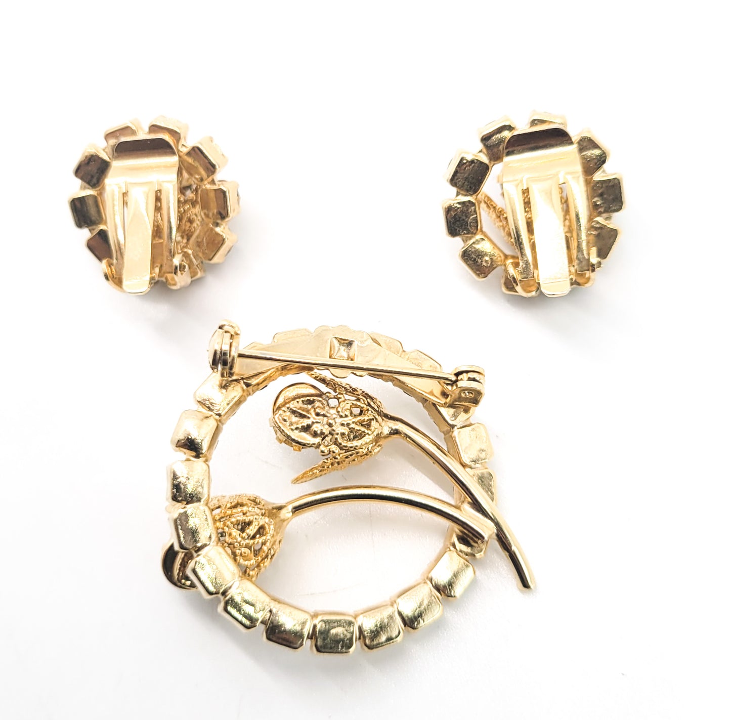 Bright green gold cup flower clear halo rhinestone jewelry set earrings brooch holiday