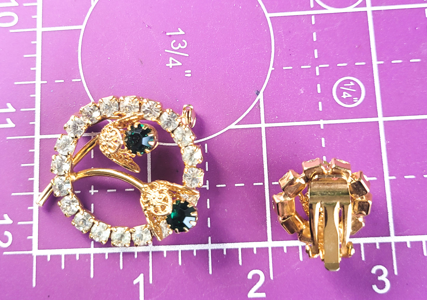 Bright green gold cup flower clear halo rhinestone jewelry set earrings brooch holiday