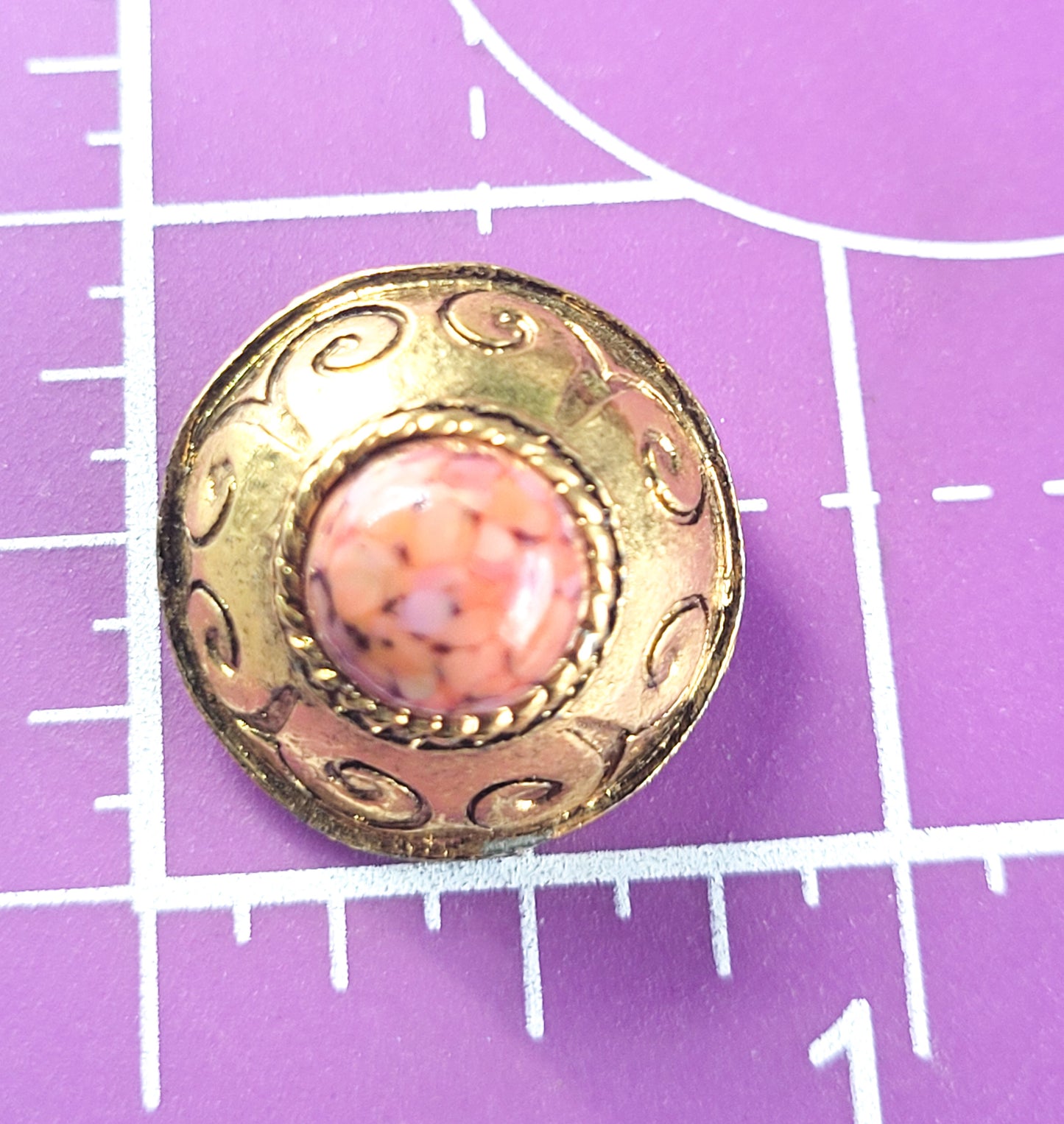 Domed salmon art glass cab Etruscan revival gold toned vintage brooch