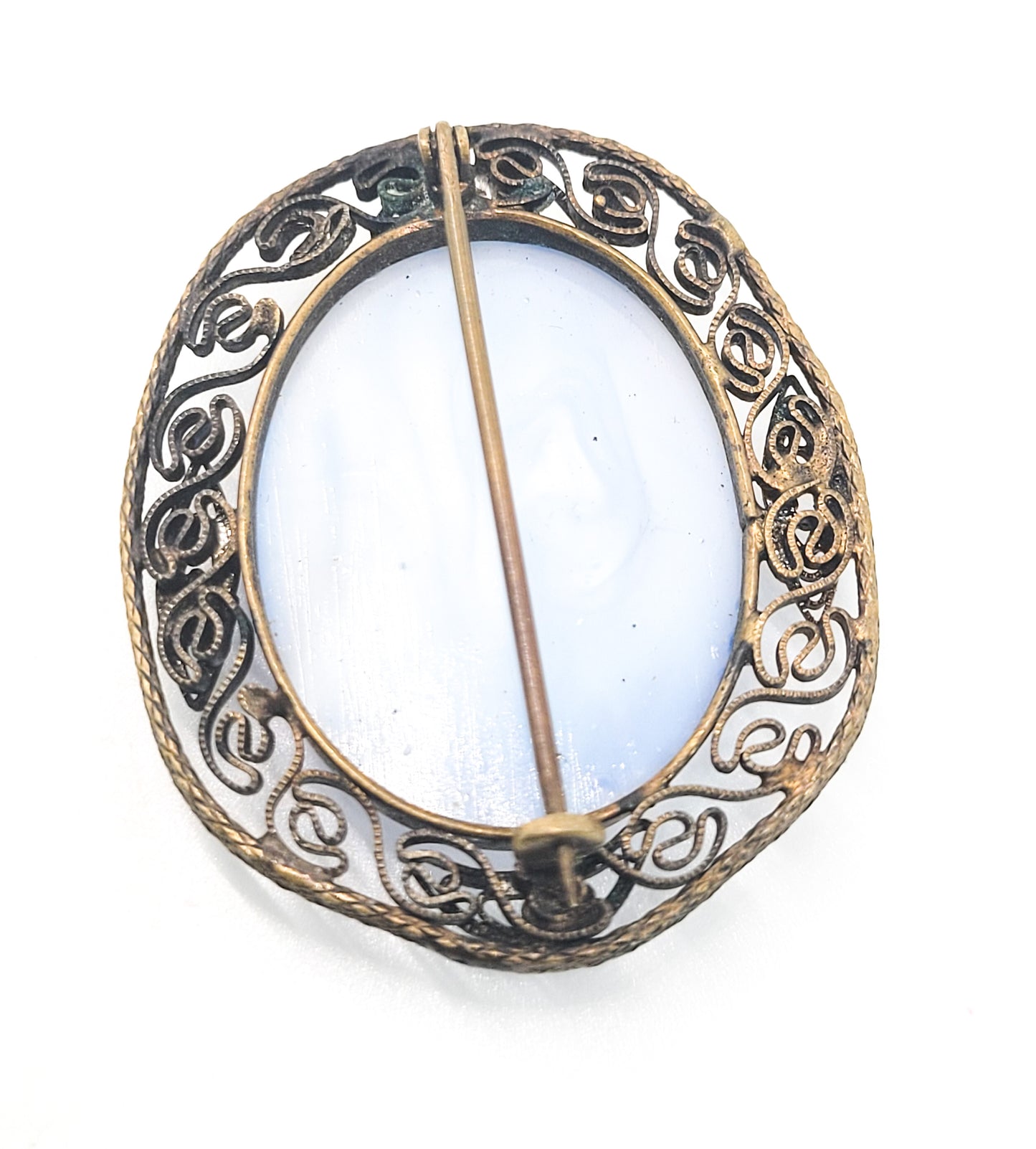 Blue Faux Star Sapphire art glass gold toned spun silver vintage brooch