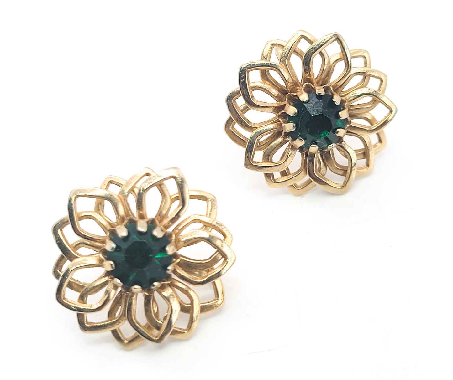 Hunter green rhinestone gold flower open work vintage screw back earrings