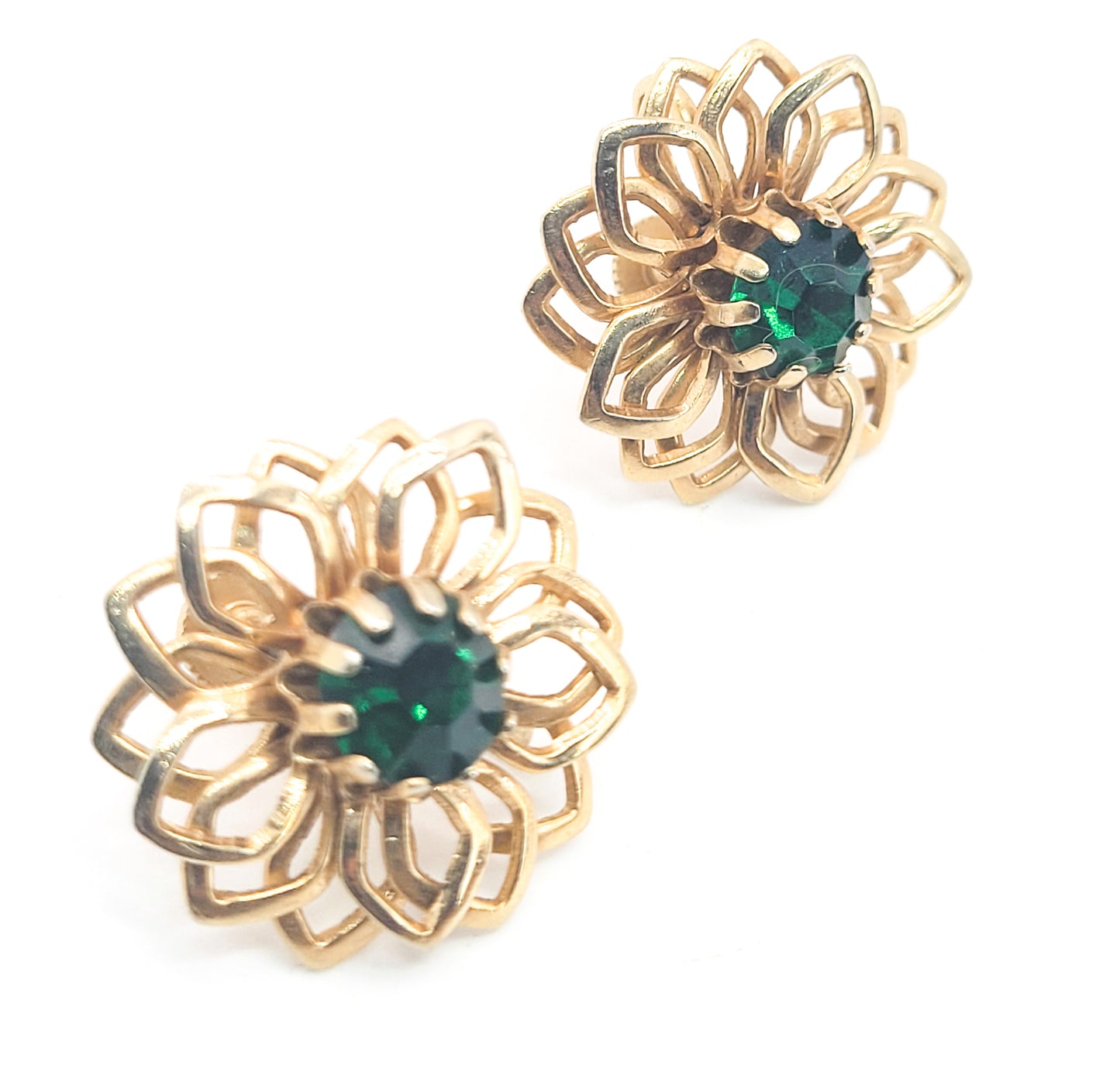 Hunter green rhinestone gold flower open work vintage screw back earrings