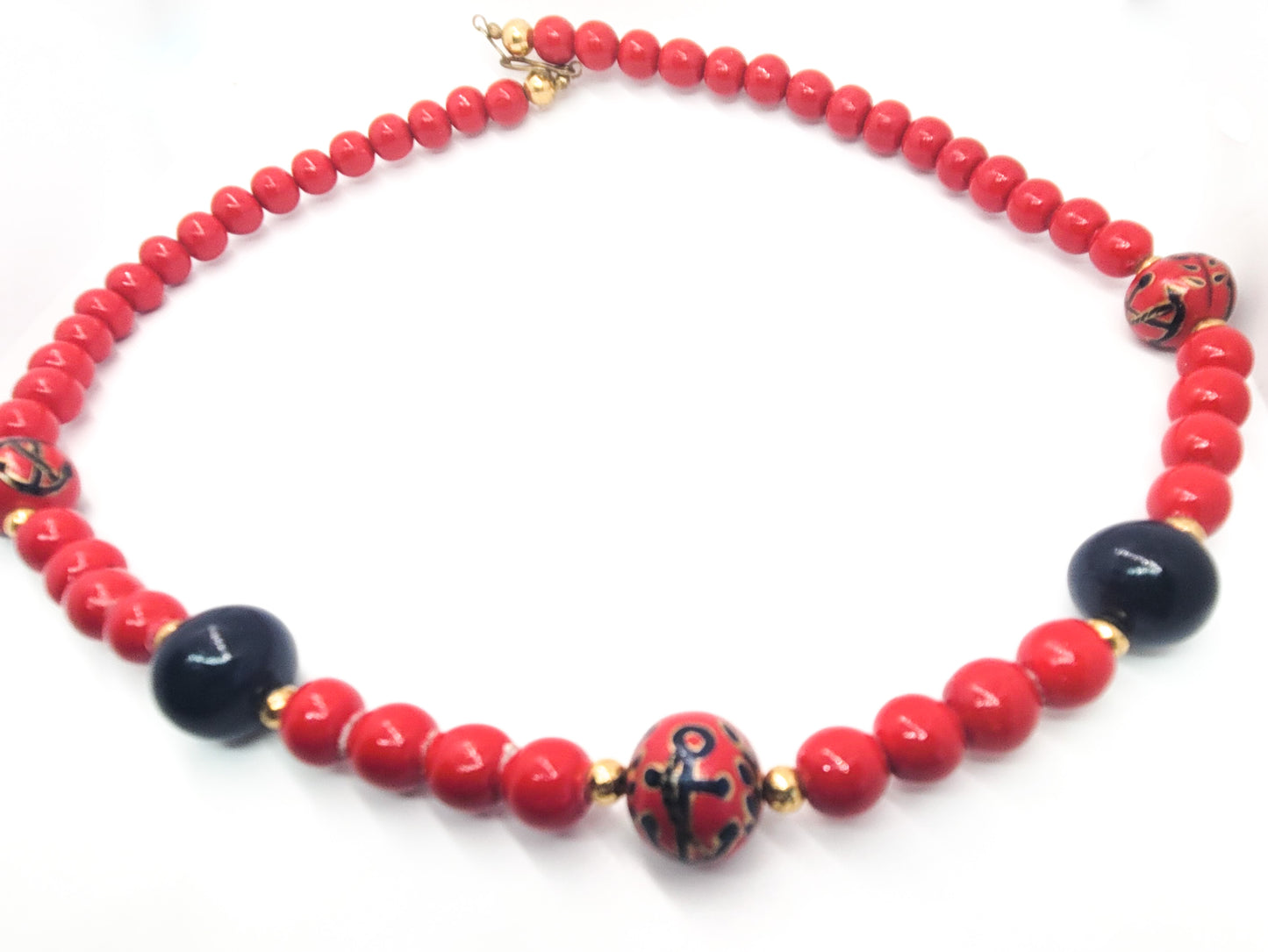 Nautical Anchor Navy and Red painted vintage wooden beaded necklace