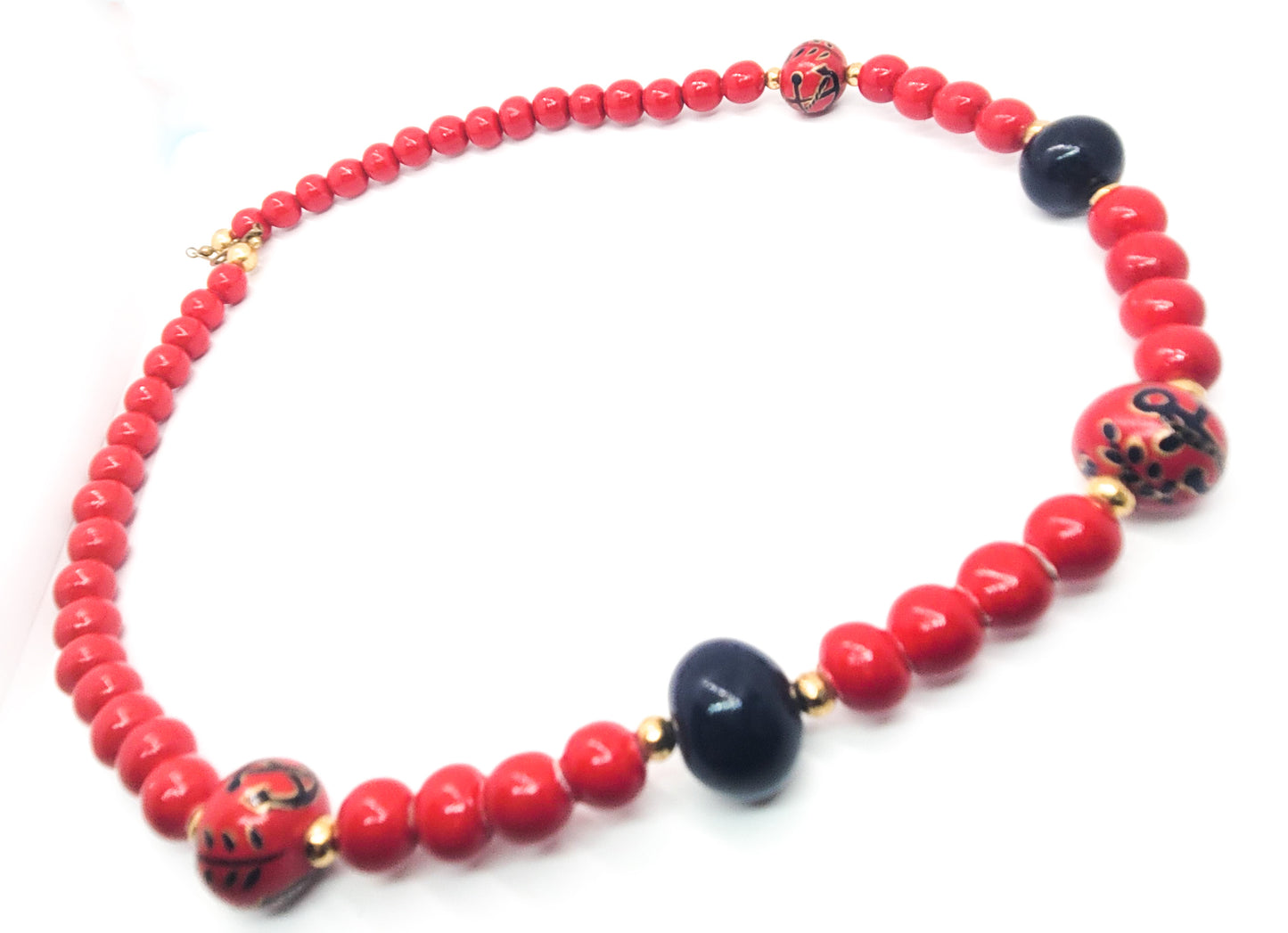 Nautical Anchor Navy and Red painted vintage wooden beaded necklace