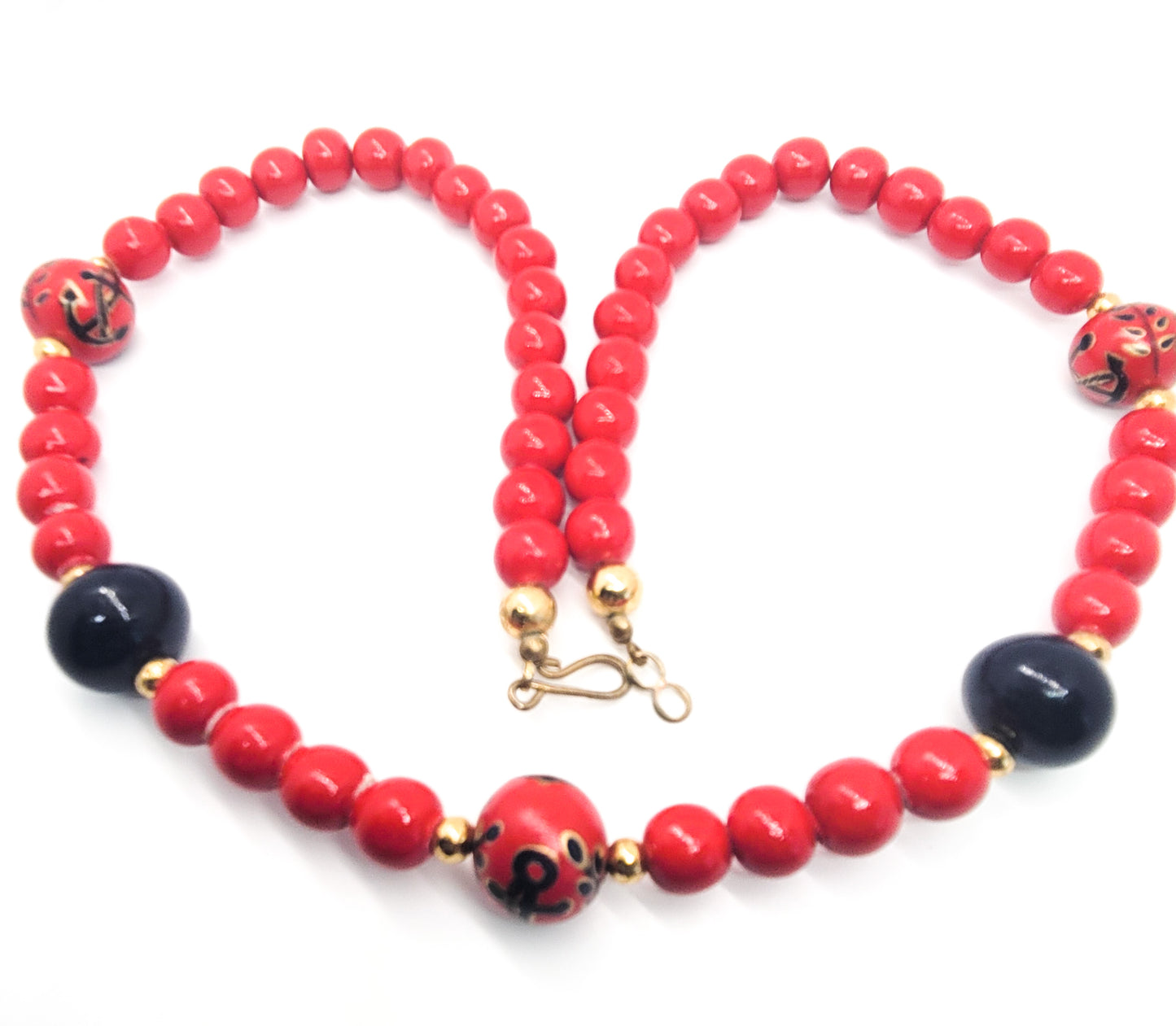 Nautical Anchor Navy and Red painted vintage wooden beaded necklace
