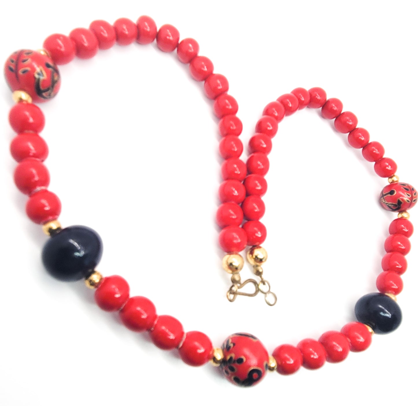 Nautical Anchor Navy and Red painted vintage wooden beaded necklace