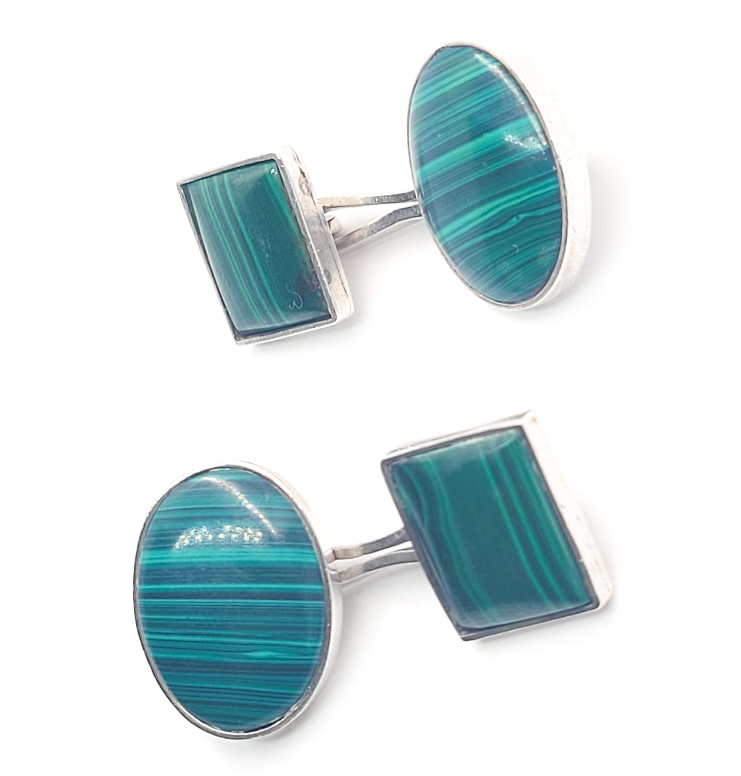 Banded Malachite green gemstone vintage sterling silver cufflinks