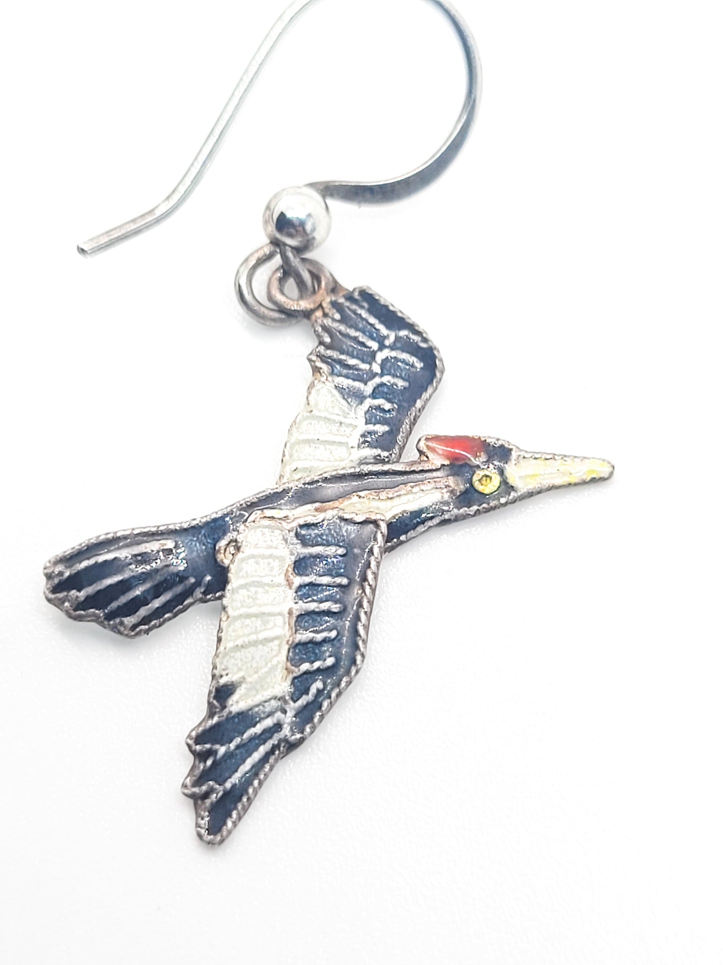 Woodpecker Cloisonne black and white bird enamel sterling silver drop earrings