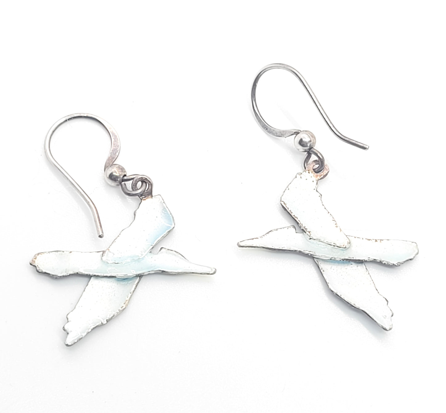 Woodpecker Cloisonne black and white bird enamel sterling silver drop earrings