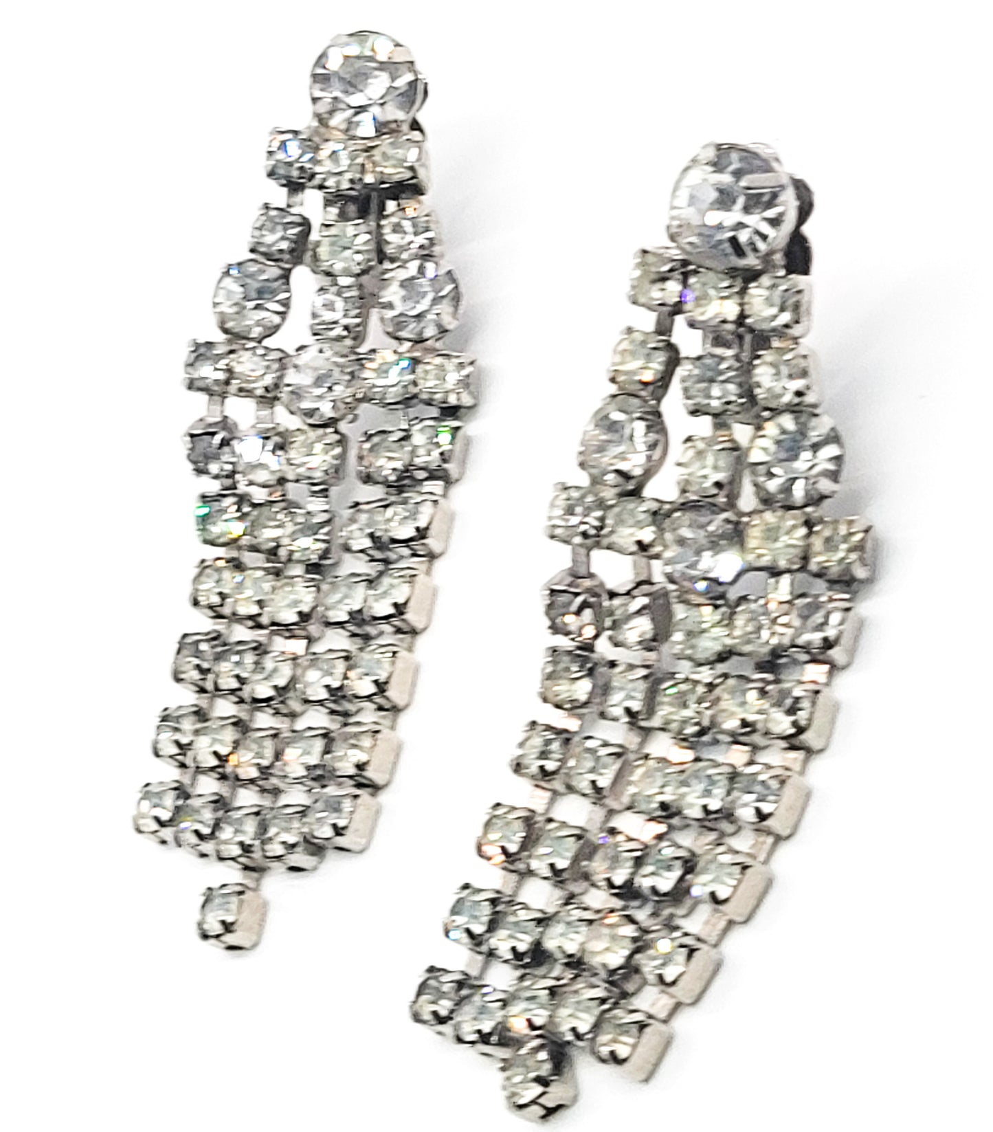 Dazzling clear rhinestone waterfall retro vintage clip on large earrings