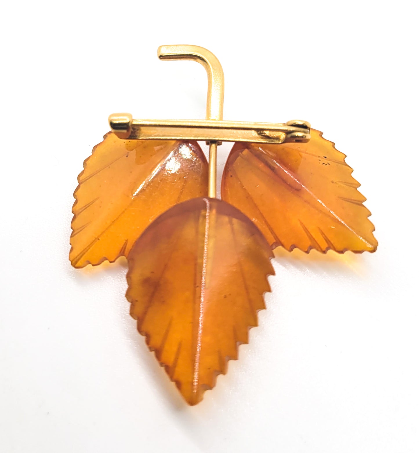 Apple Juice Orange Lucite leaf vintage autumn fall gold toned leave brooch