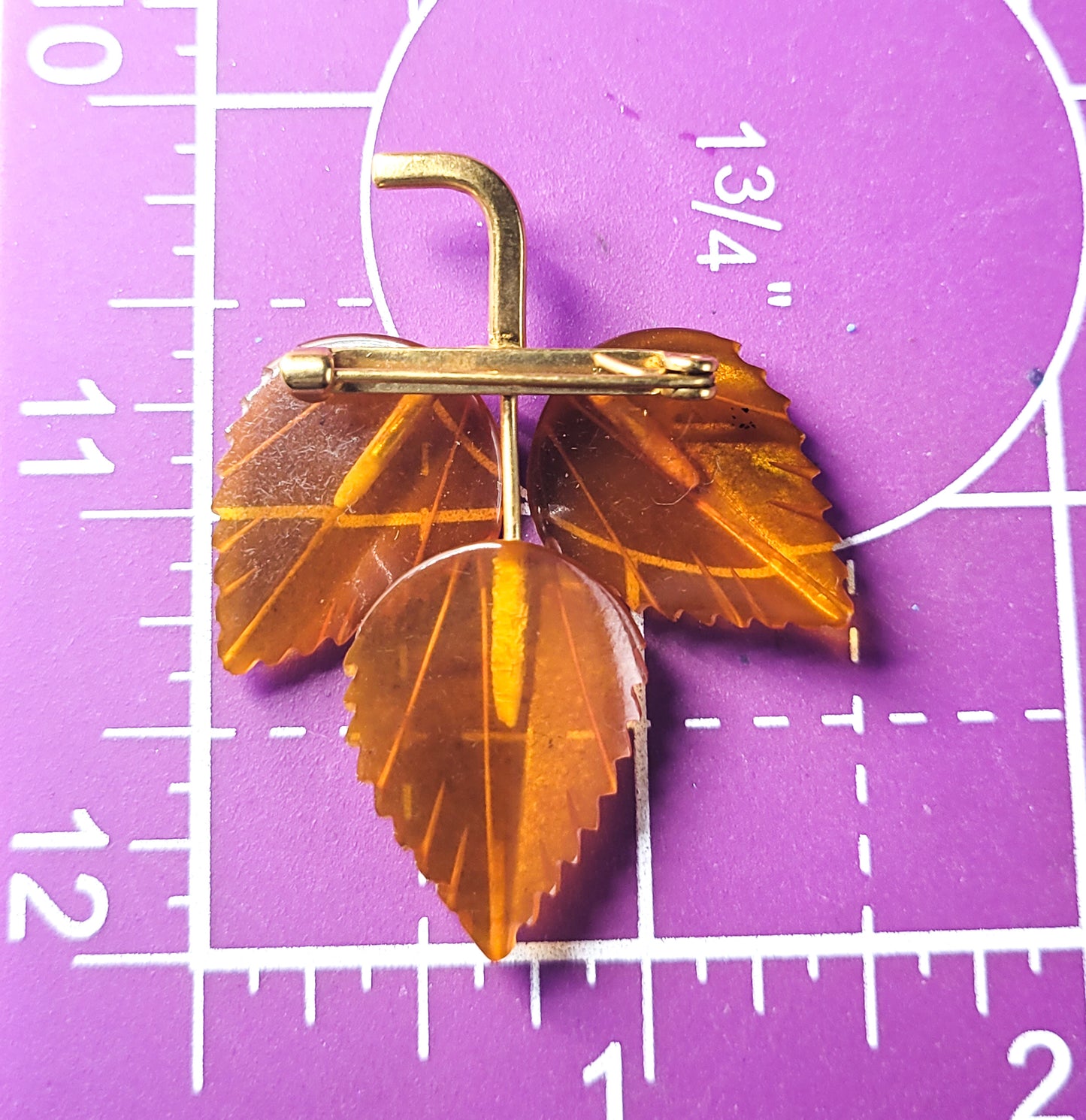 Apple Juice Orange Lucite leaf vintage autumn fall gold toned leave brooch