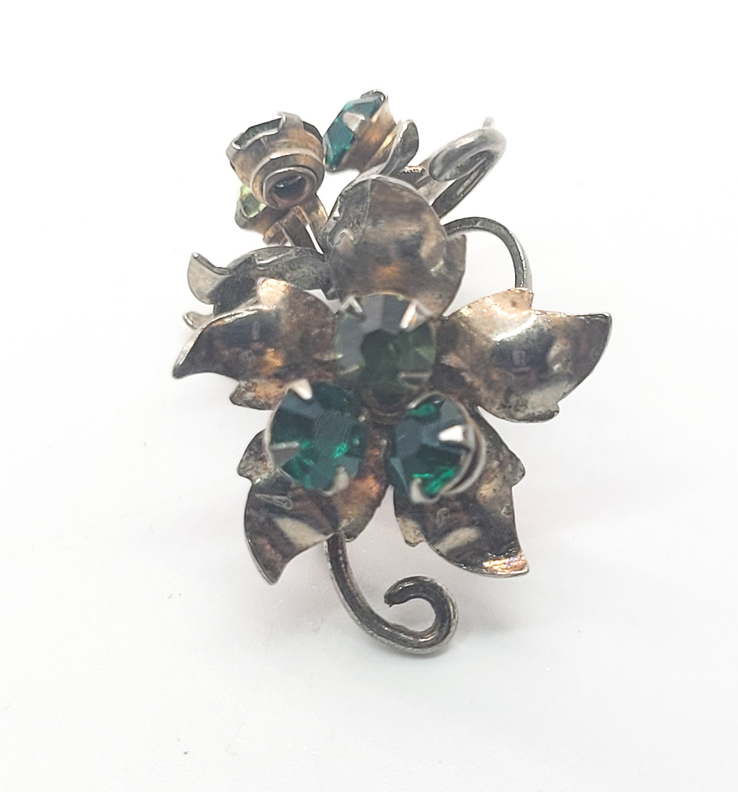 Green rhinestone antique sterling silver screw back flower earrings