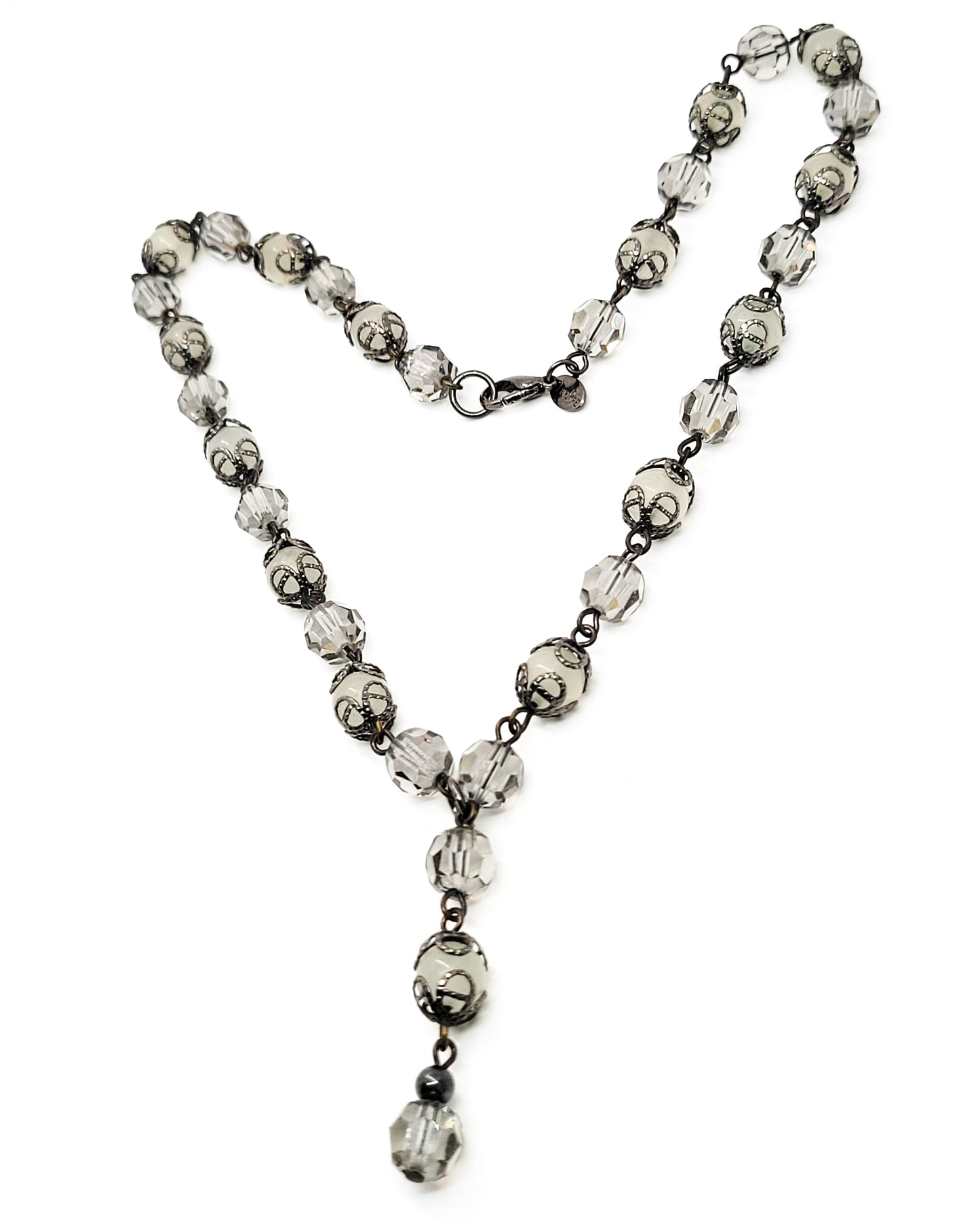 Lori Rae frosted gun metal and gray silver toned Y lariat beaded necklace
