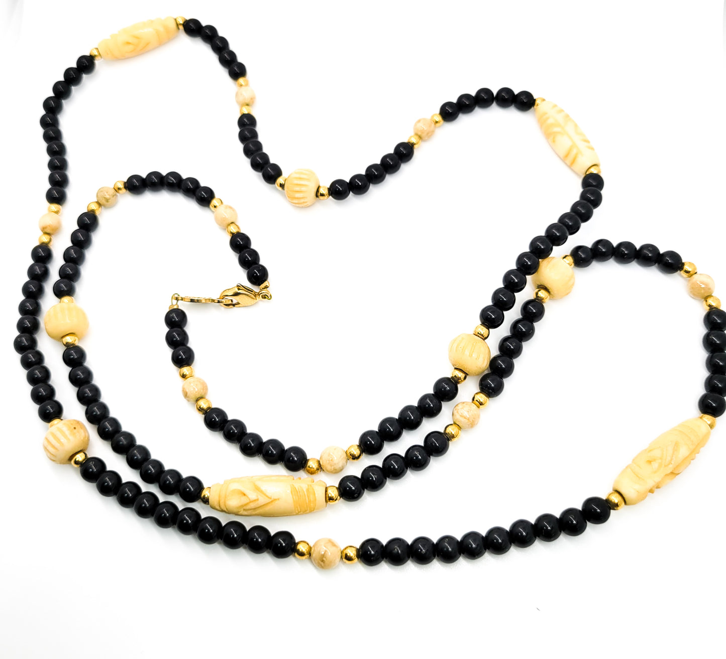 Napier signed carved natural beaded black and gold signed retro vintage necklace