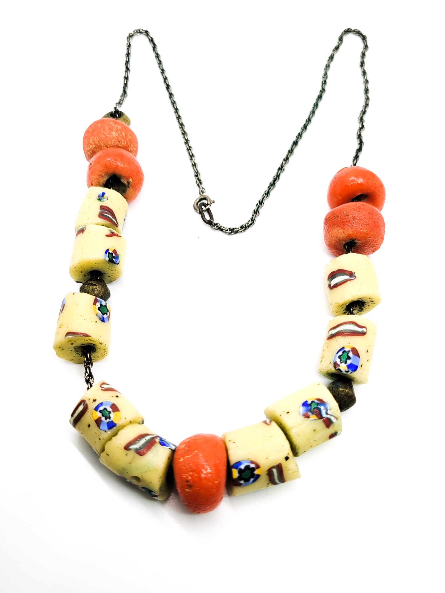 African trade beads antique Venetian Murano Millefiori glass beaded necklace