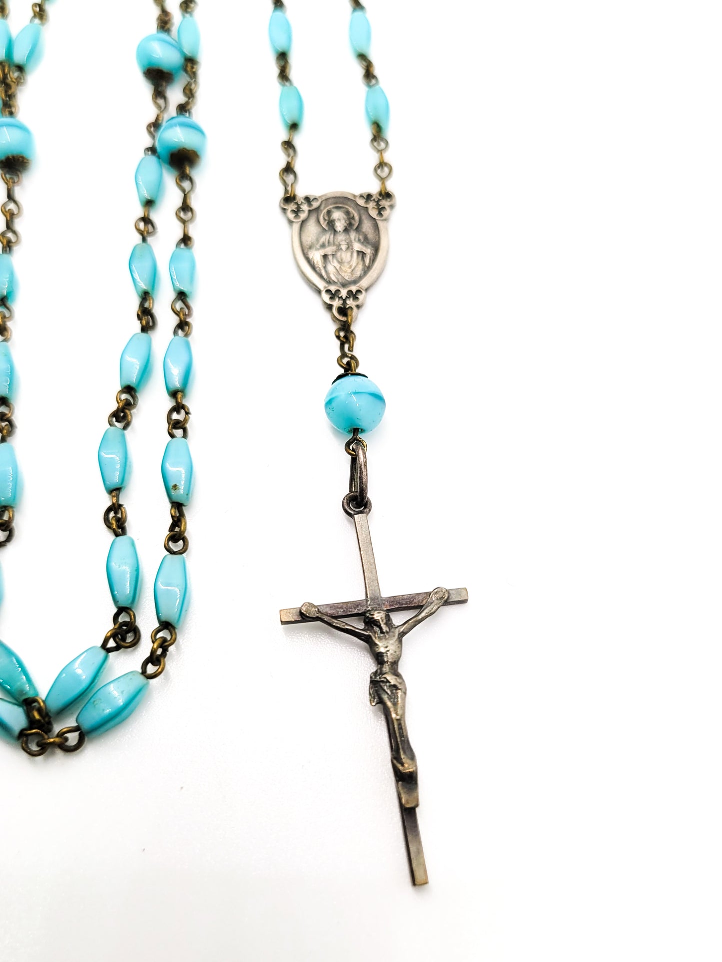 Blue satin glass vintage silver toned crucifix with clover accents