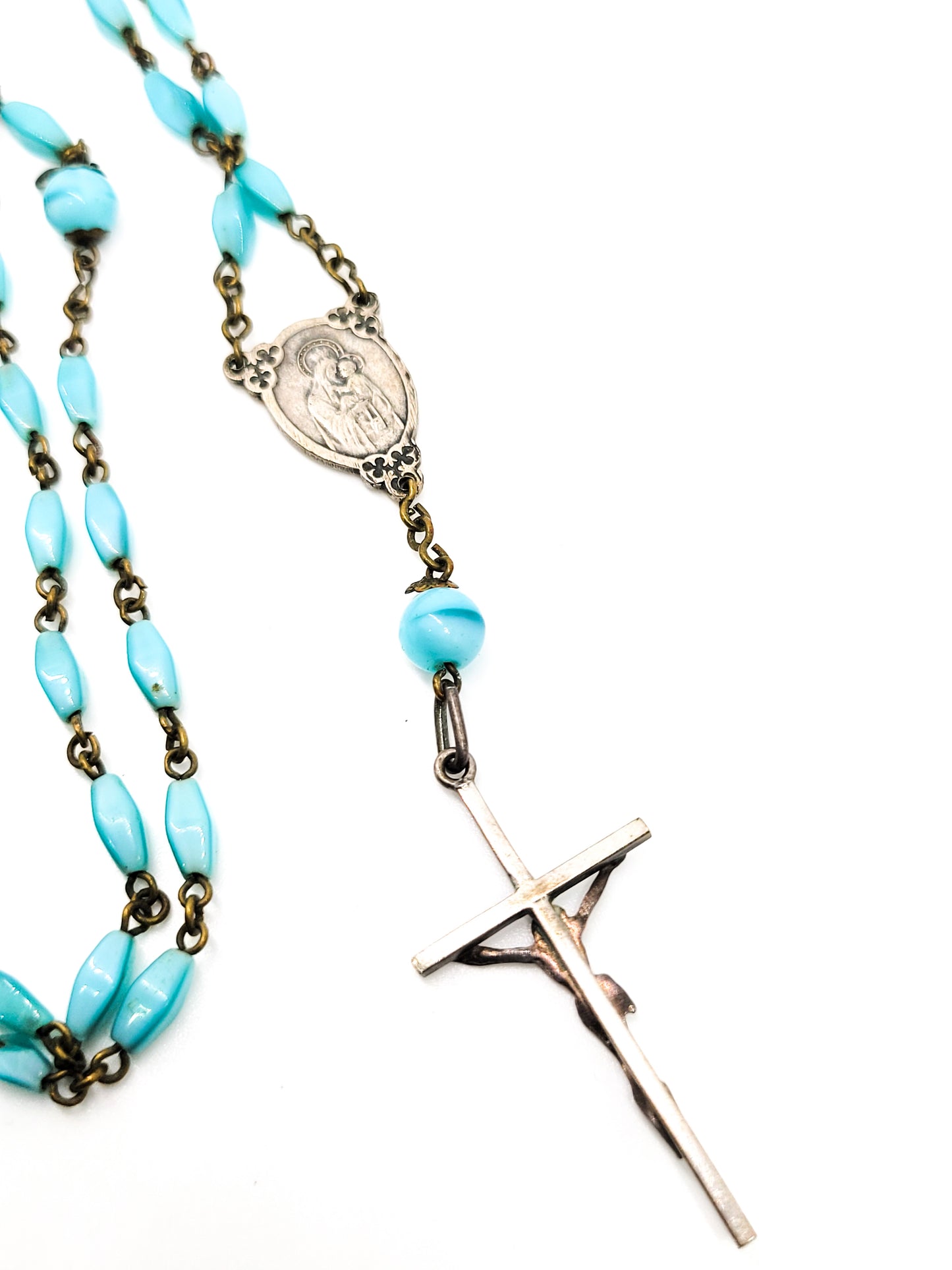 Blue satin glass vintage silver toned crucifix with clover accents