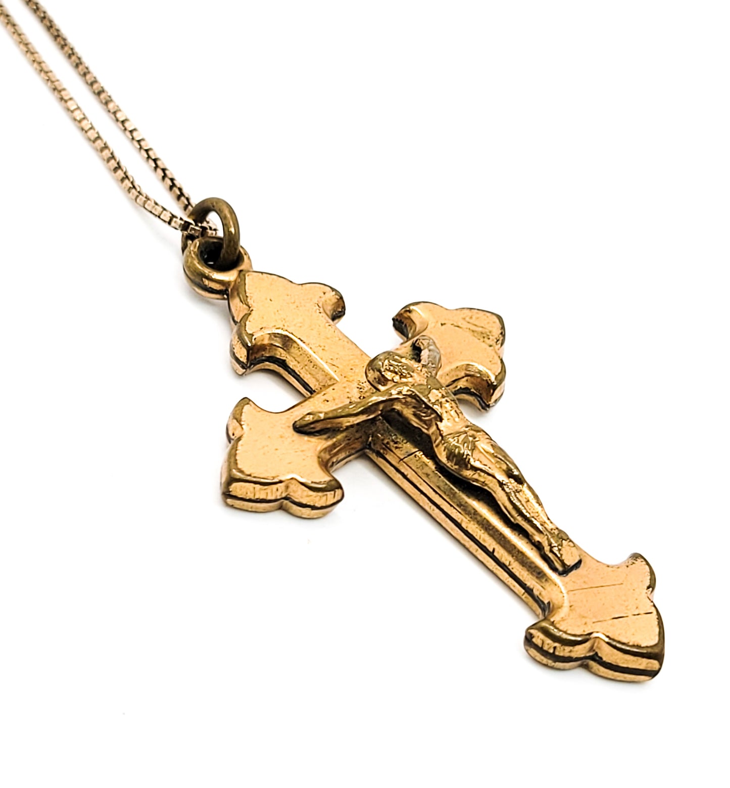 Crucifix vintage gold filled puffy cross vermeil gold over sterling silver chain necklace